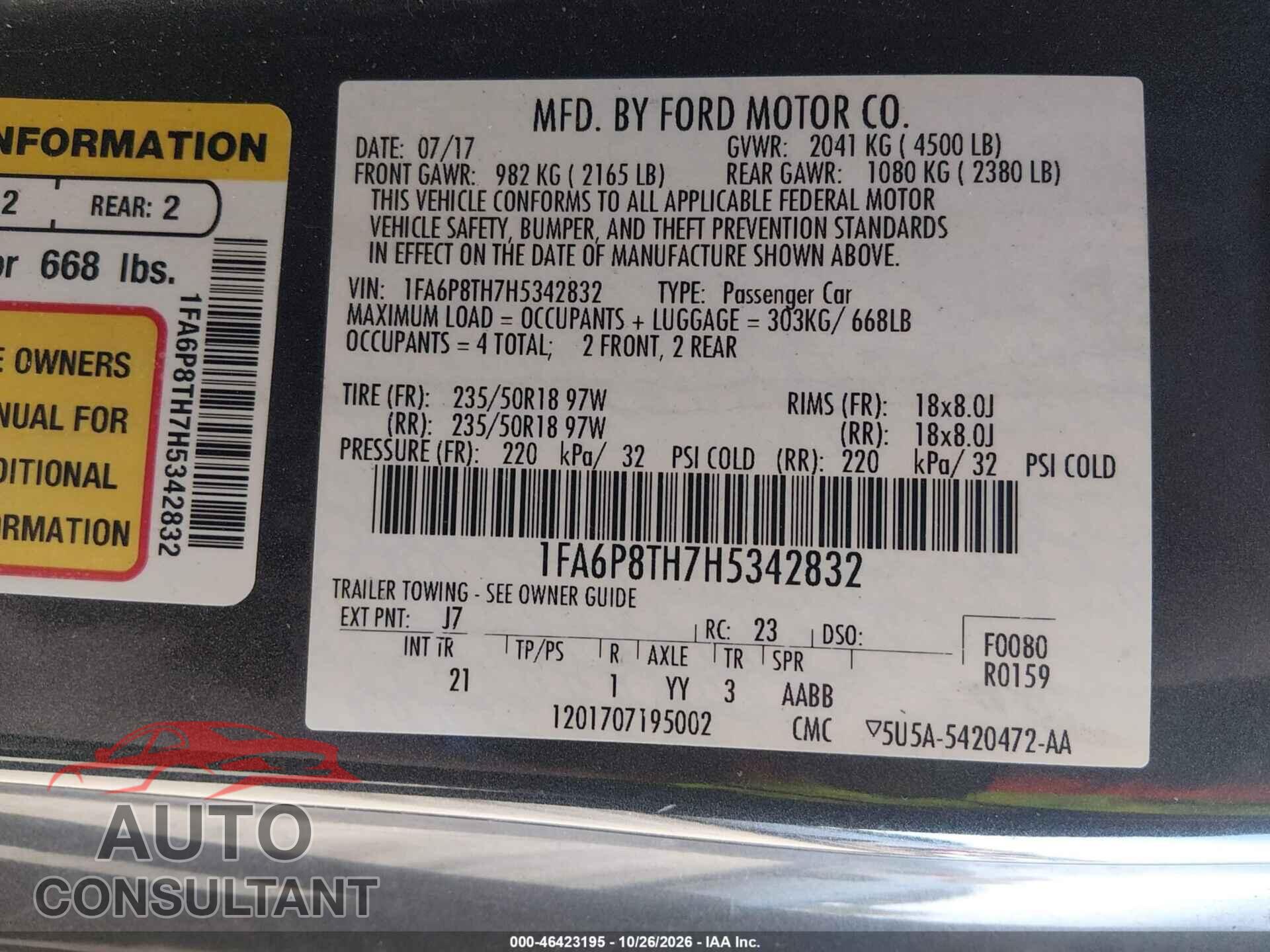 FORD MUSTANG 2017 - 1FA6P8TH7H5342832
