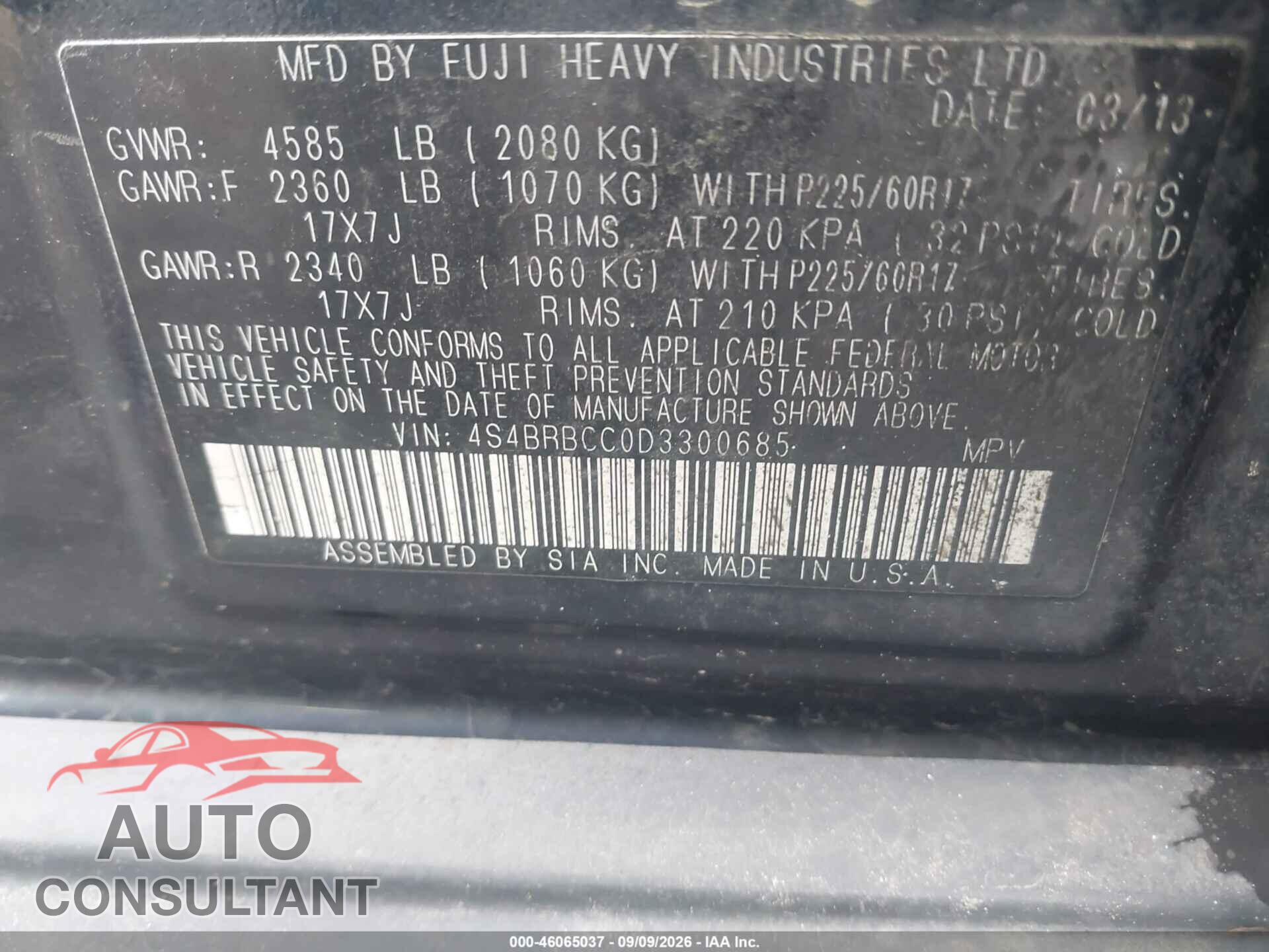 SUBARU OUTBACK 2013 - 4S4BRBCC0D3300685