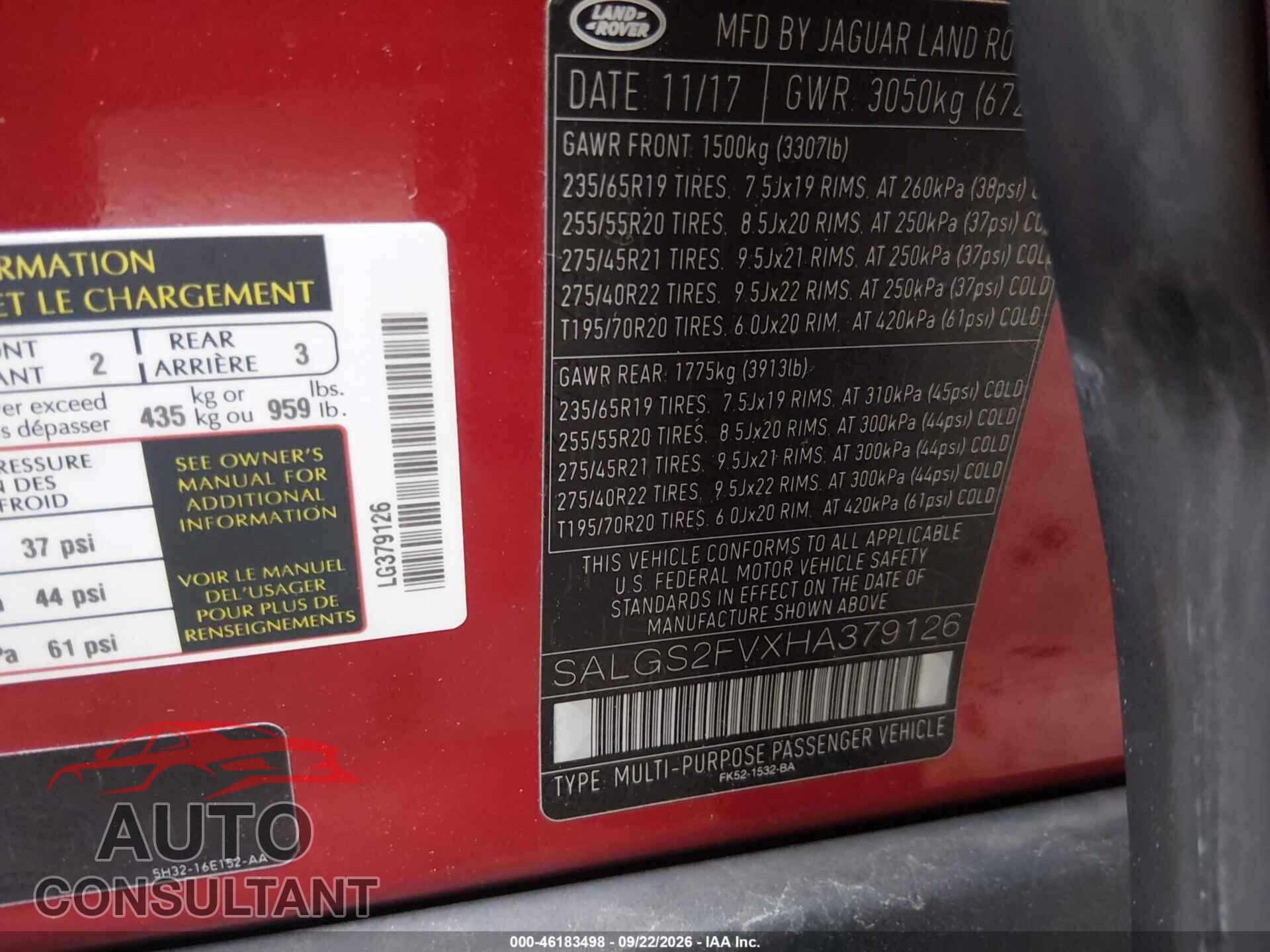LAND ROVER RANGE ROVER 2017 - SALGS2FVXHA379126