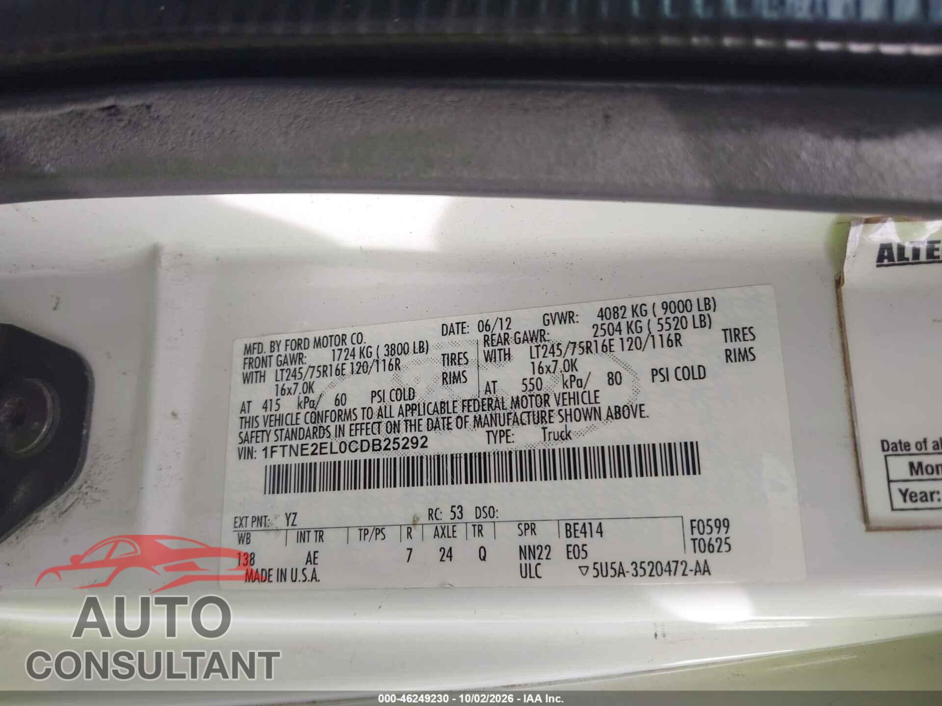 FORD E-250 2012 - 1FTNE2EL0CDB25292