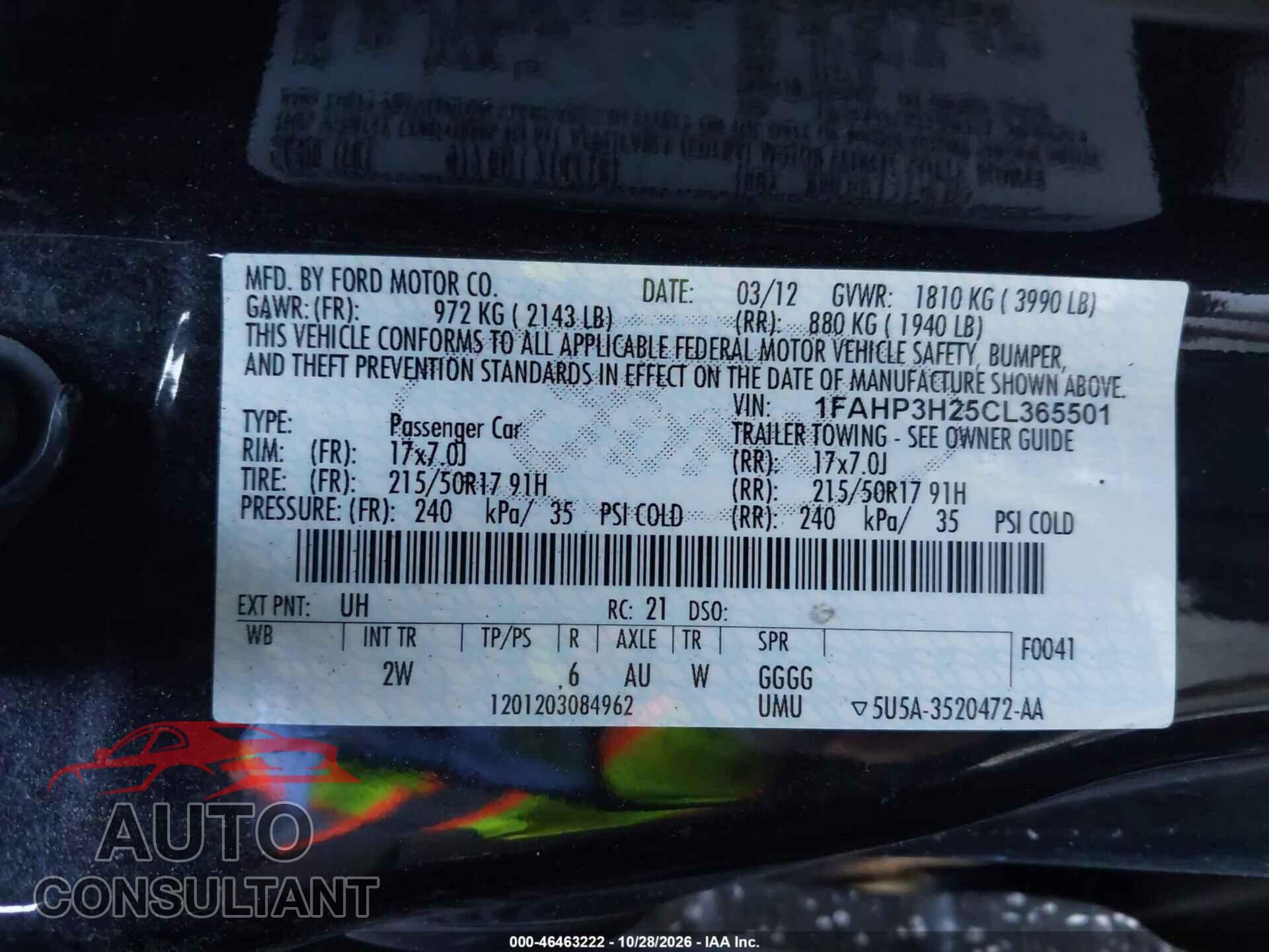 FORD FOCUS 2012 - 1FAHP3H25CL365501