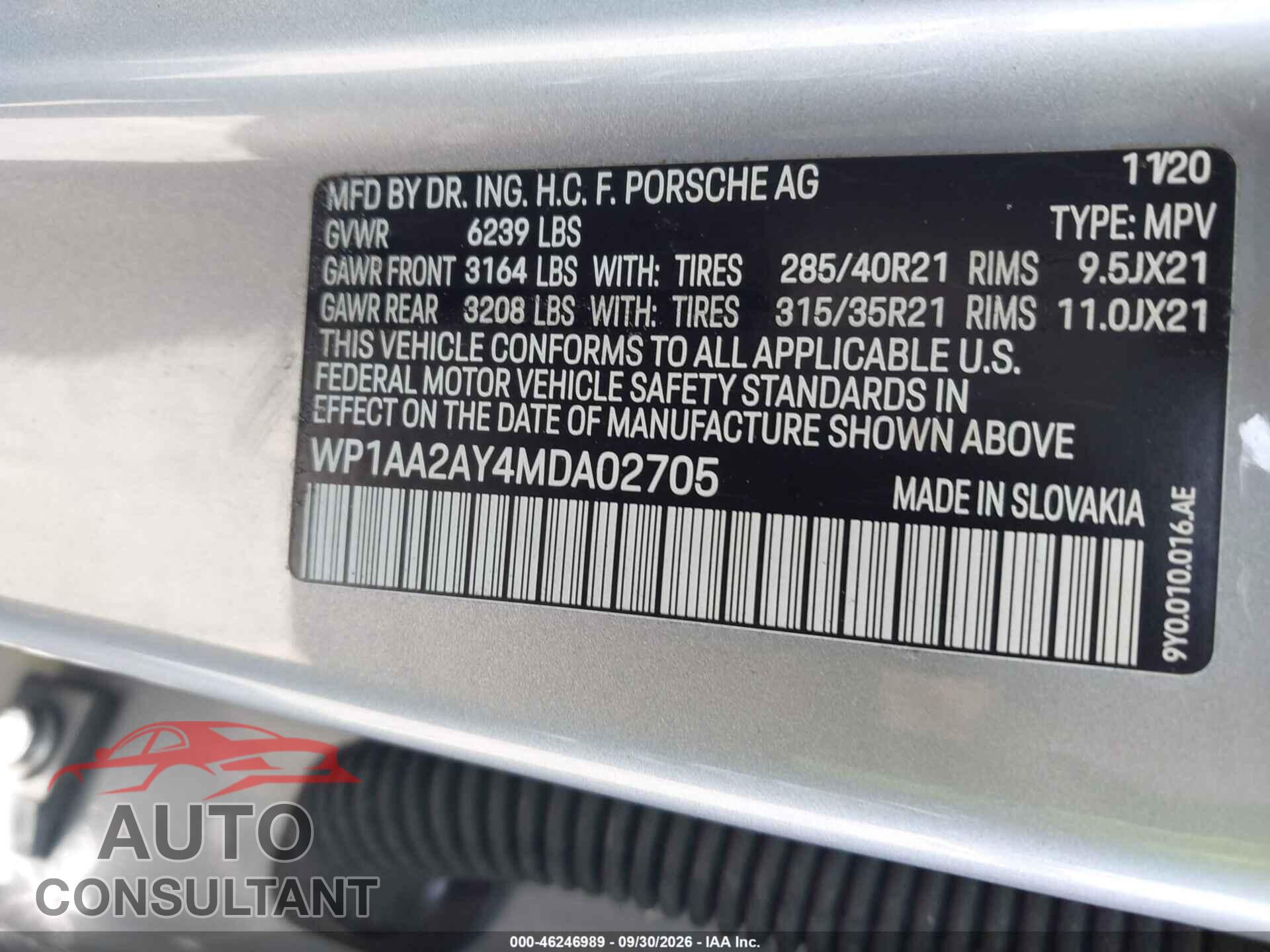 PORSCHE CAYENNE 2021 - WP1AA2AY4MDA02705