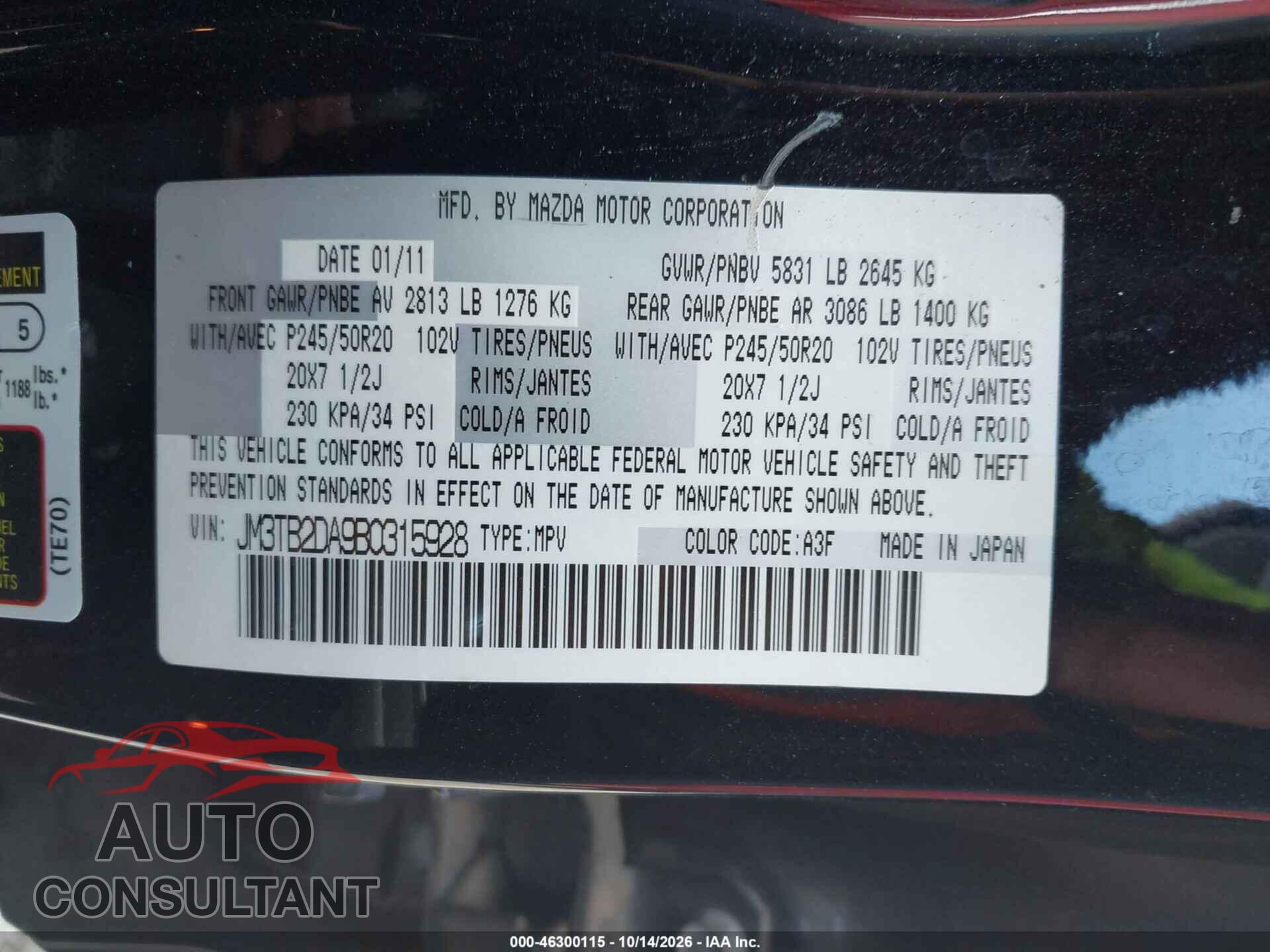 MAZDA CX-9 2011 - JM3TB2DA9B0315928
