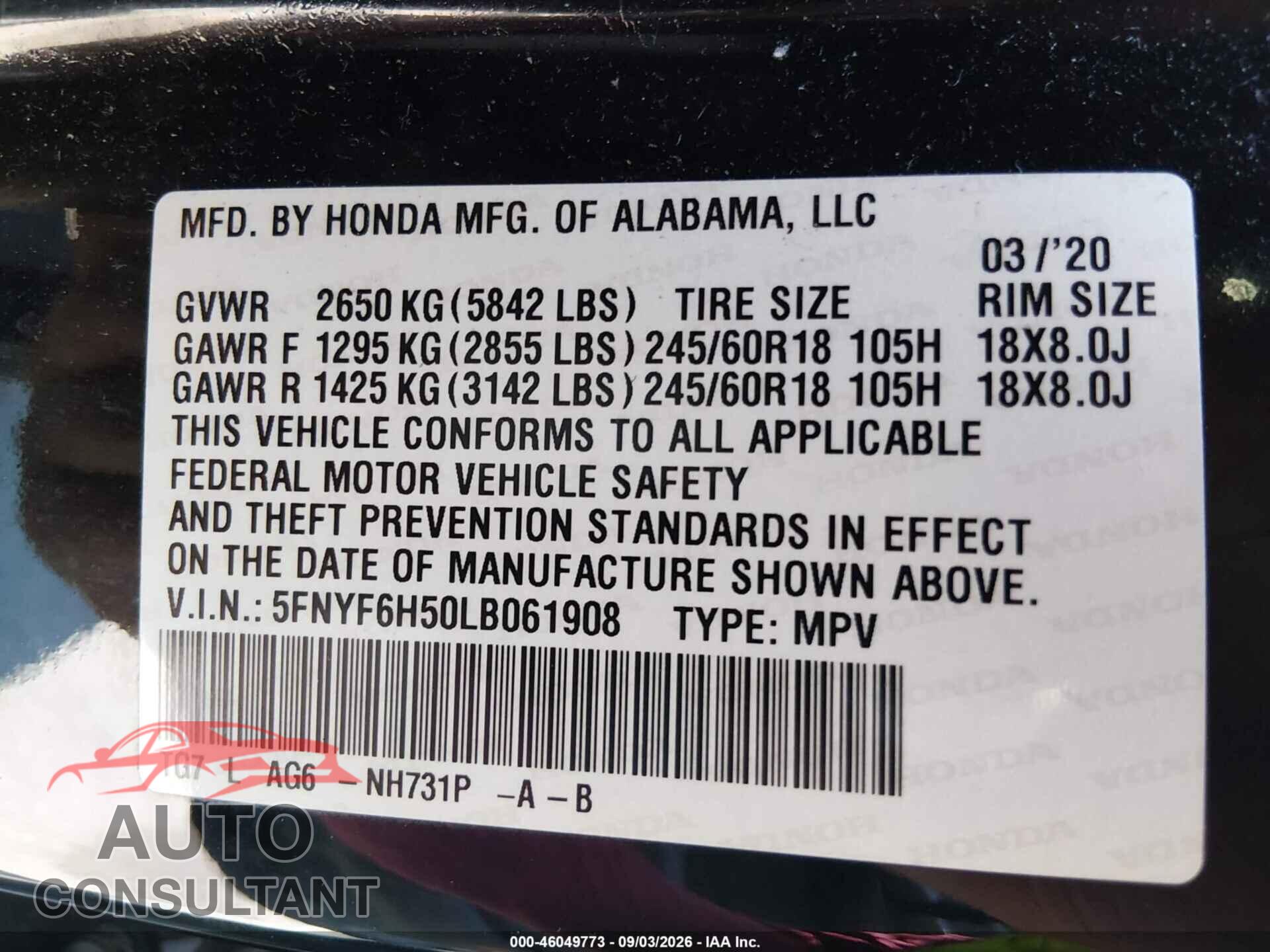 HONDA PILOT 2020 - 5FNYF6H50LB061908