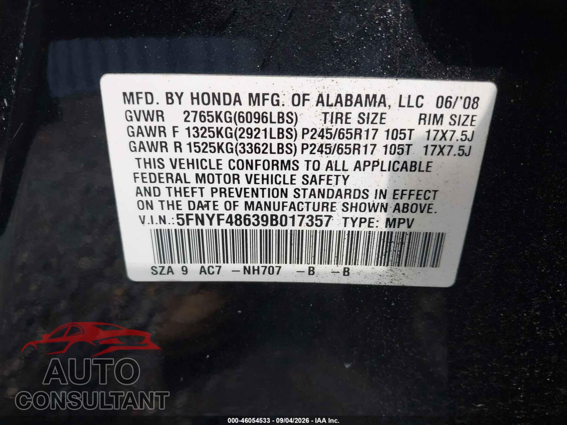 HONDA PILOT 2009 - 5FNYF48639B017357