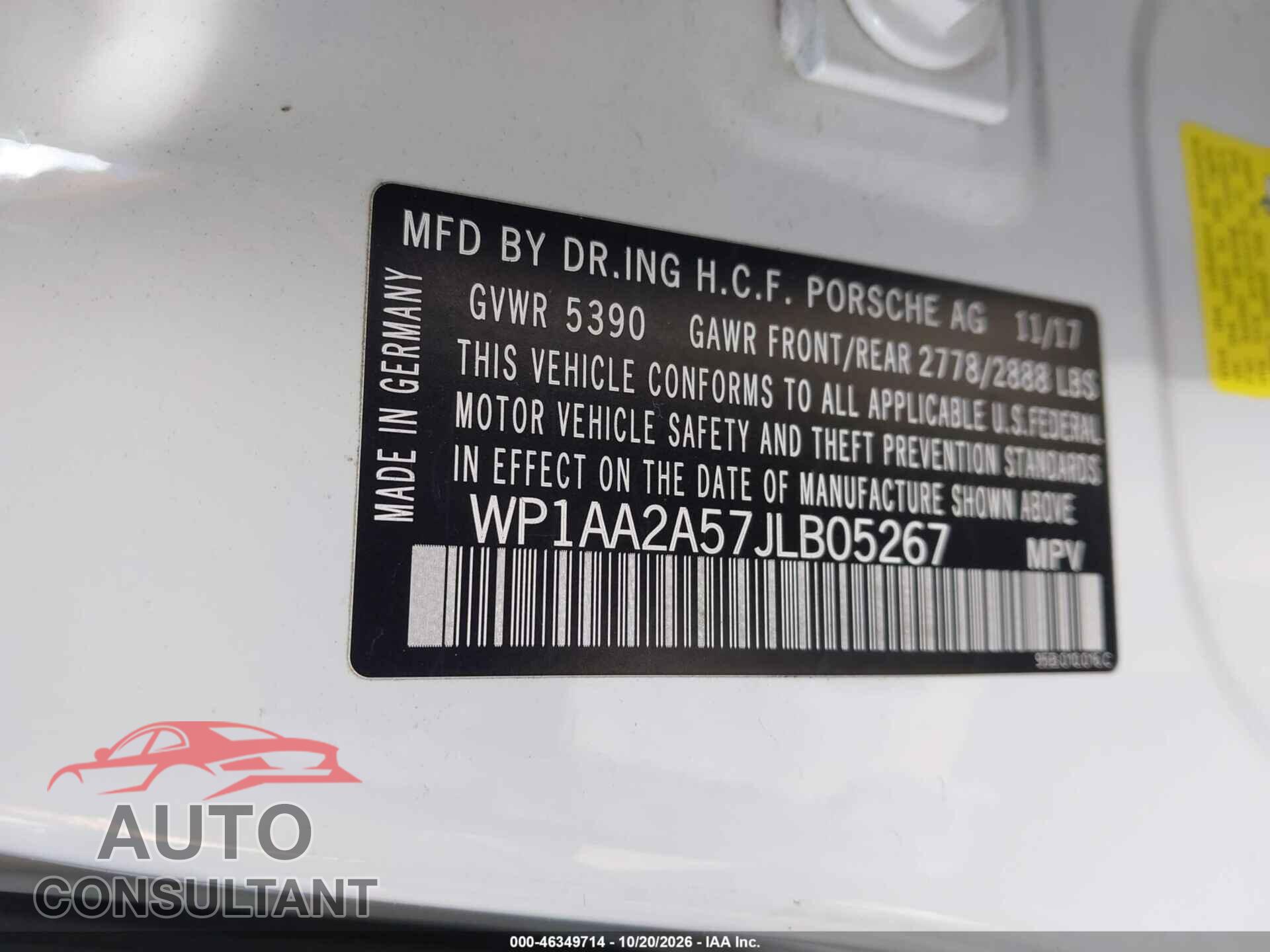 PORSCHE MACAN 2018 - WP1AA2A57JLB05267