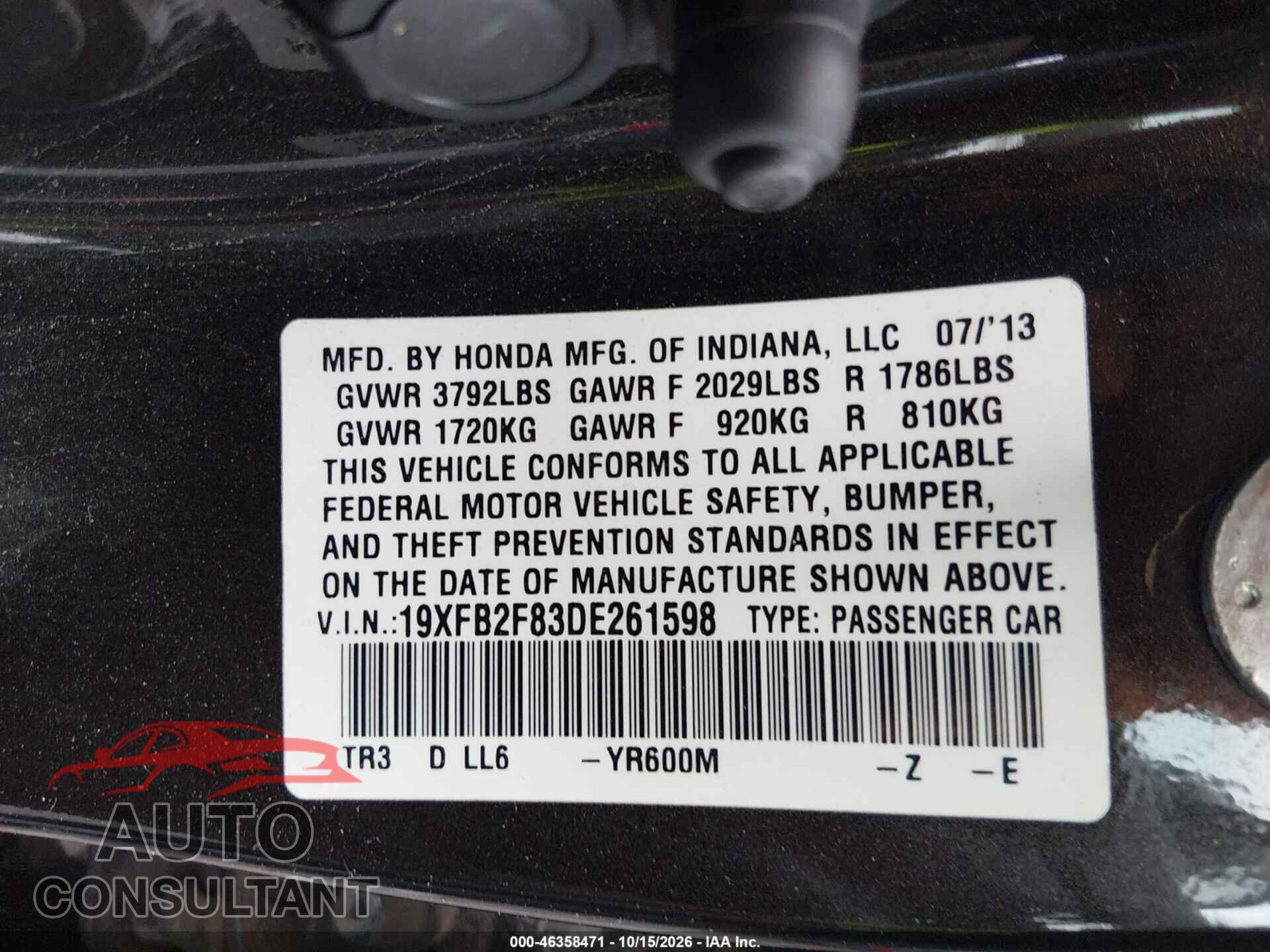 HONDA CIVIC 2013 - 19XFB2F83DE261598