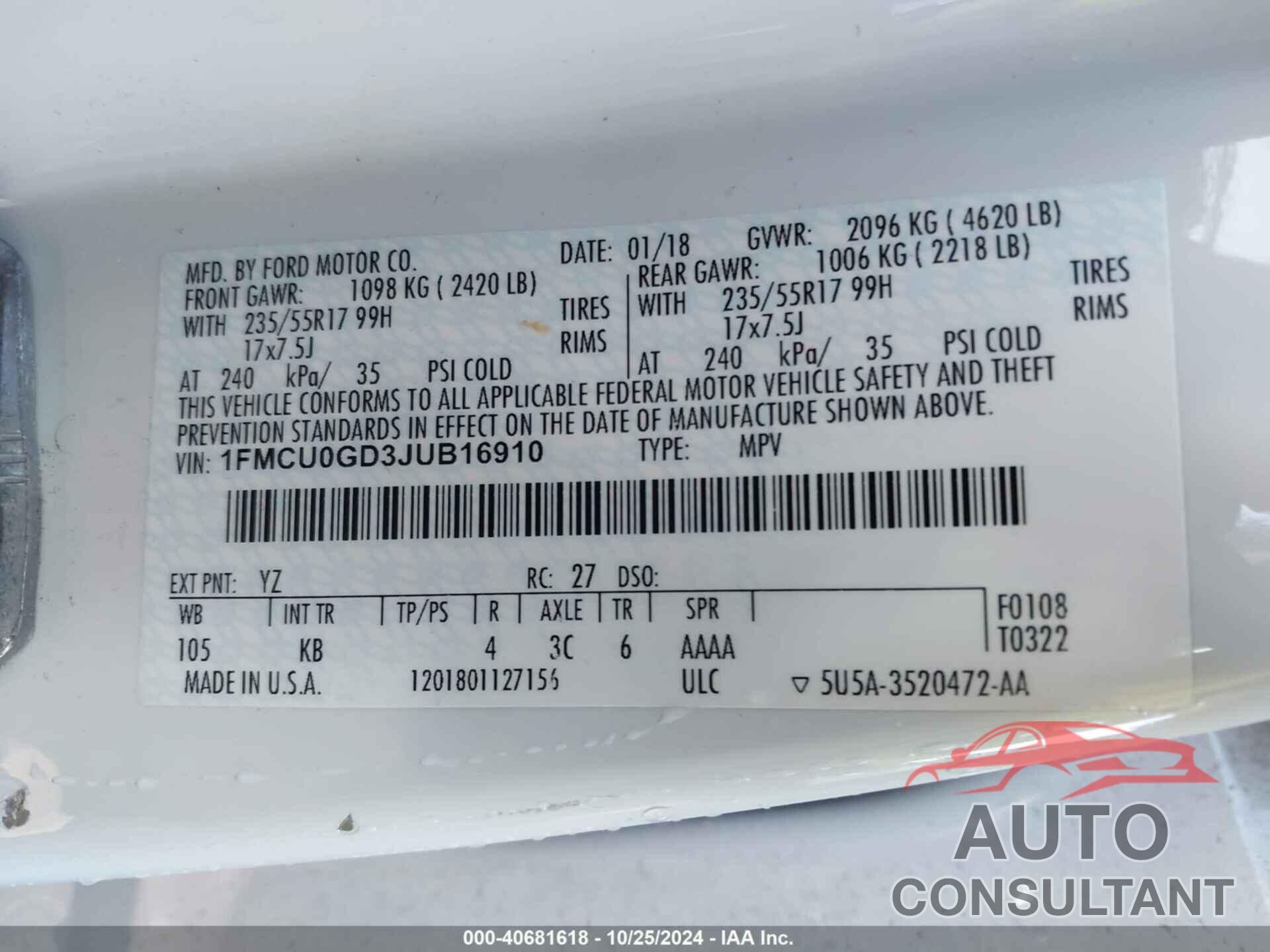 FORD ESCAPE 2018 - 1FMCU0GD3JUB16910