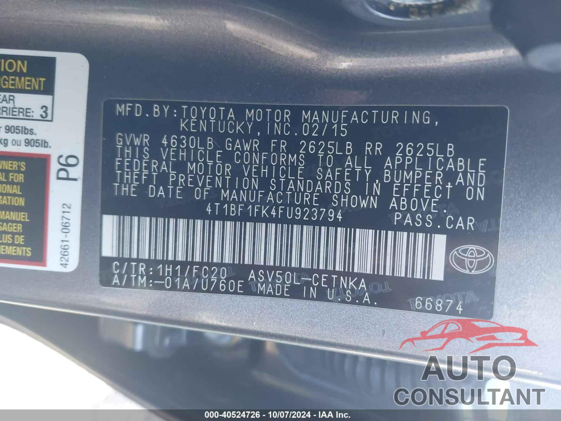 TOYOTA CAMRY 2015 - 4T1BF1FK4FU923794