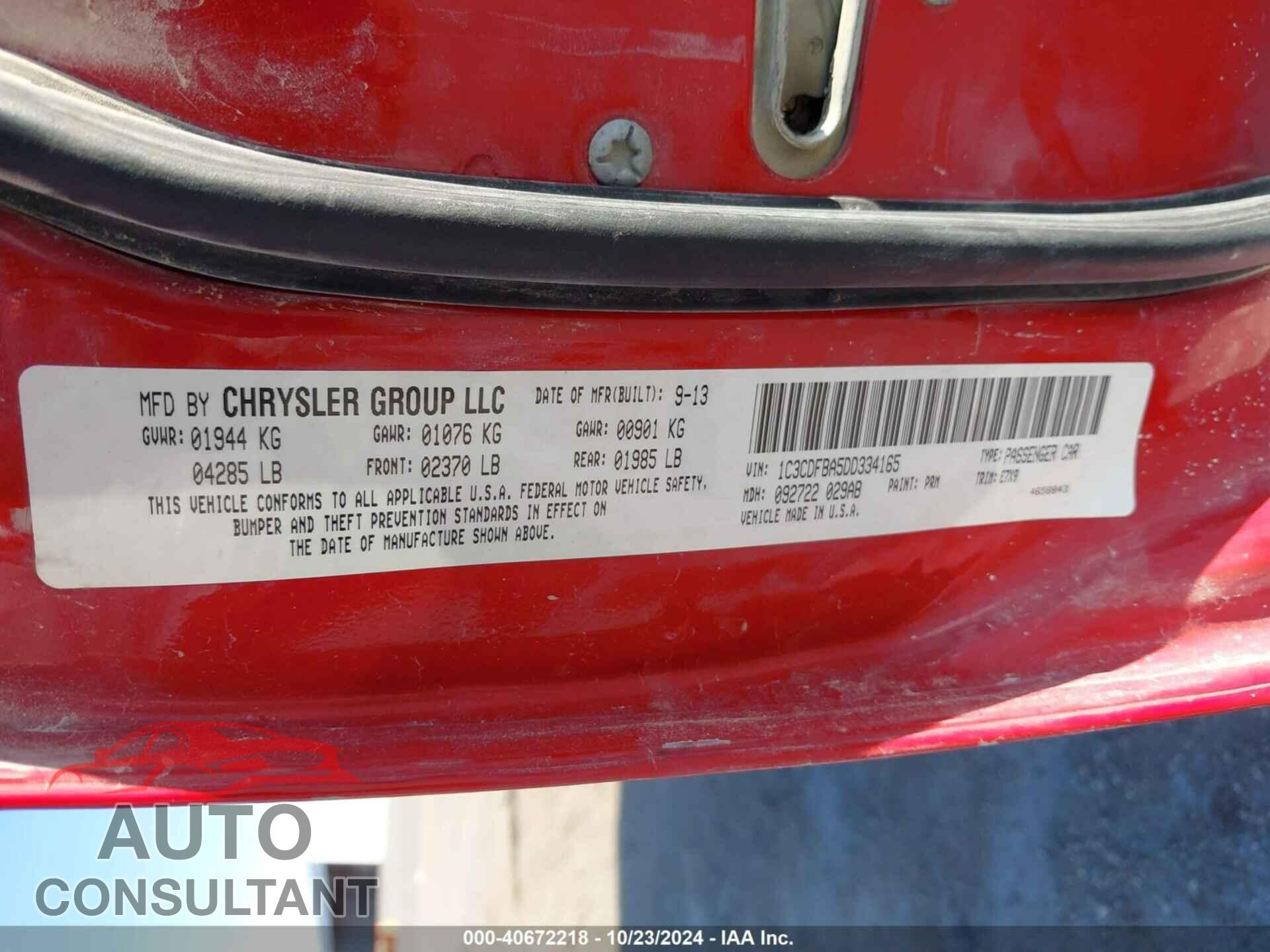 DODGE DART 2013 - 1C3CDFBA5DD334165