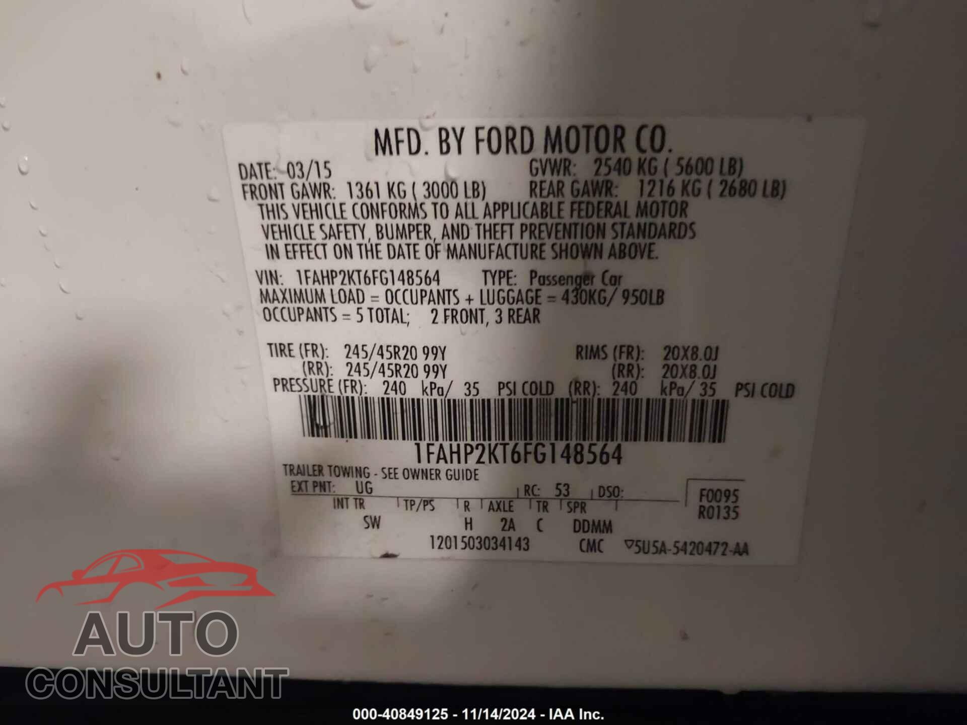 FORD TAURUS 2015 - 1FAHP2KT6FG148564
