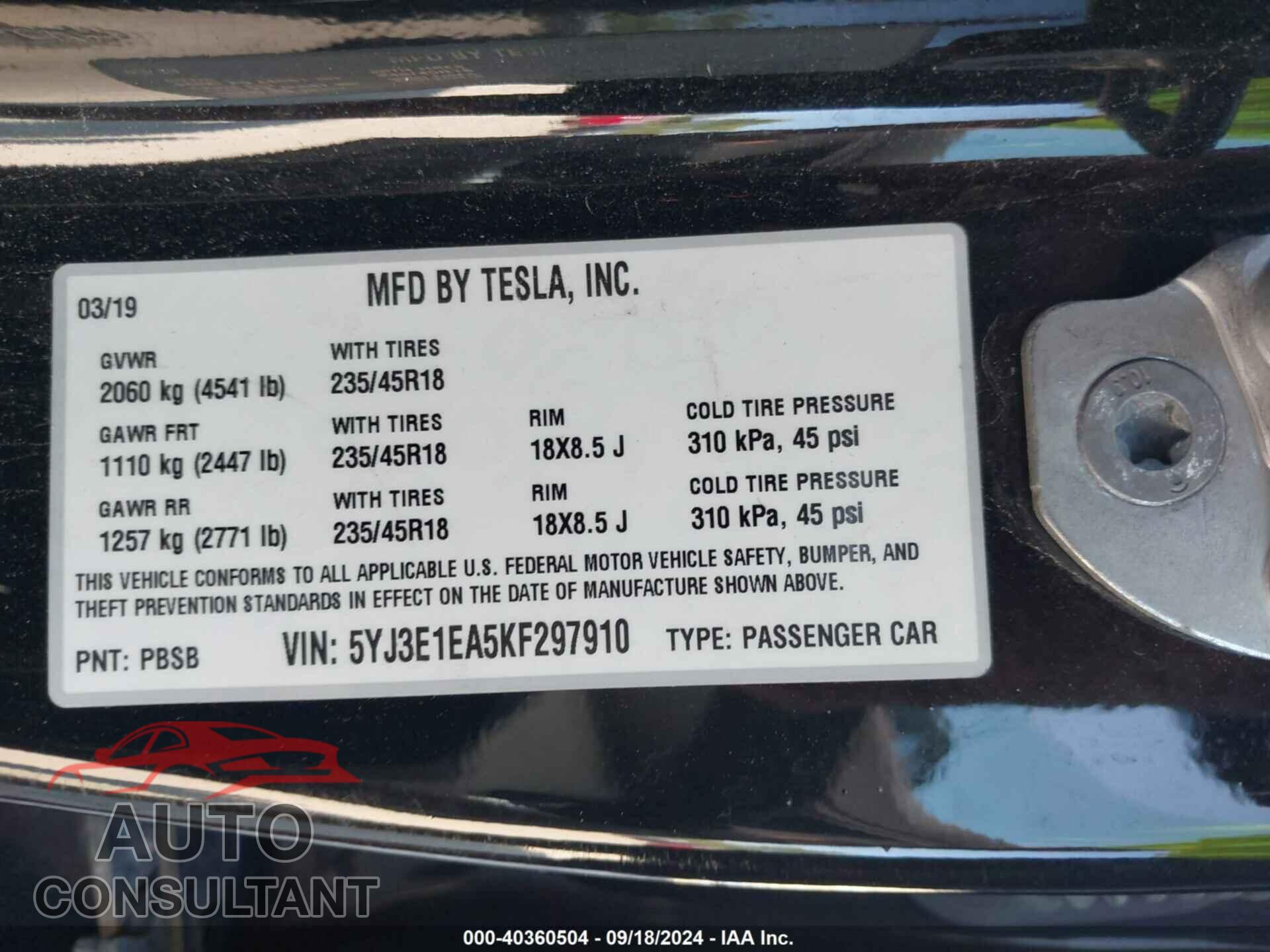 TESLA MODEL 3 2019 - 5YJ3E1EA5KF297910