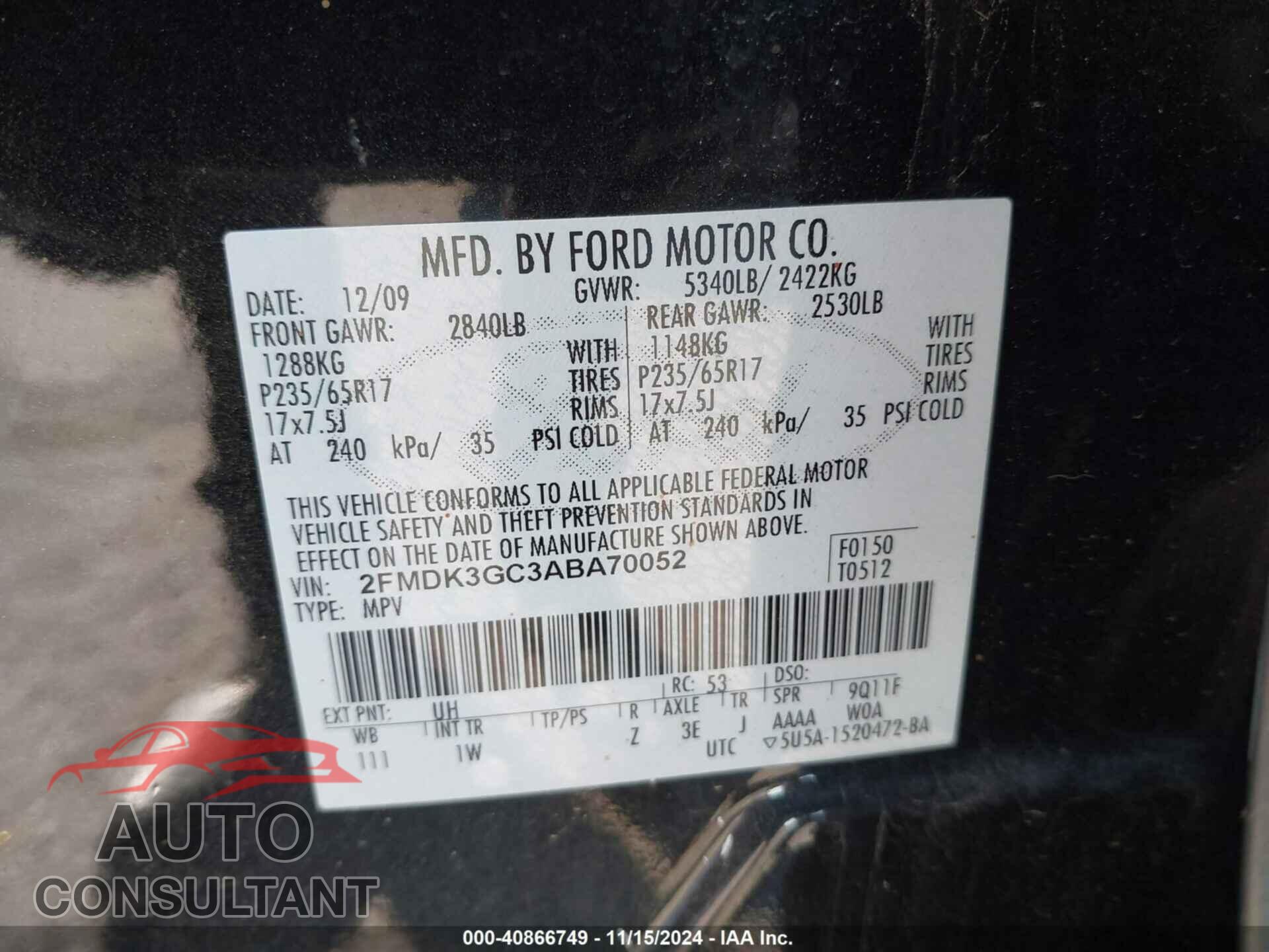 FORD EDGE 2010 - 2FMDK3GC3ABA70052