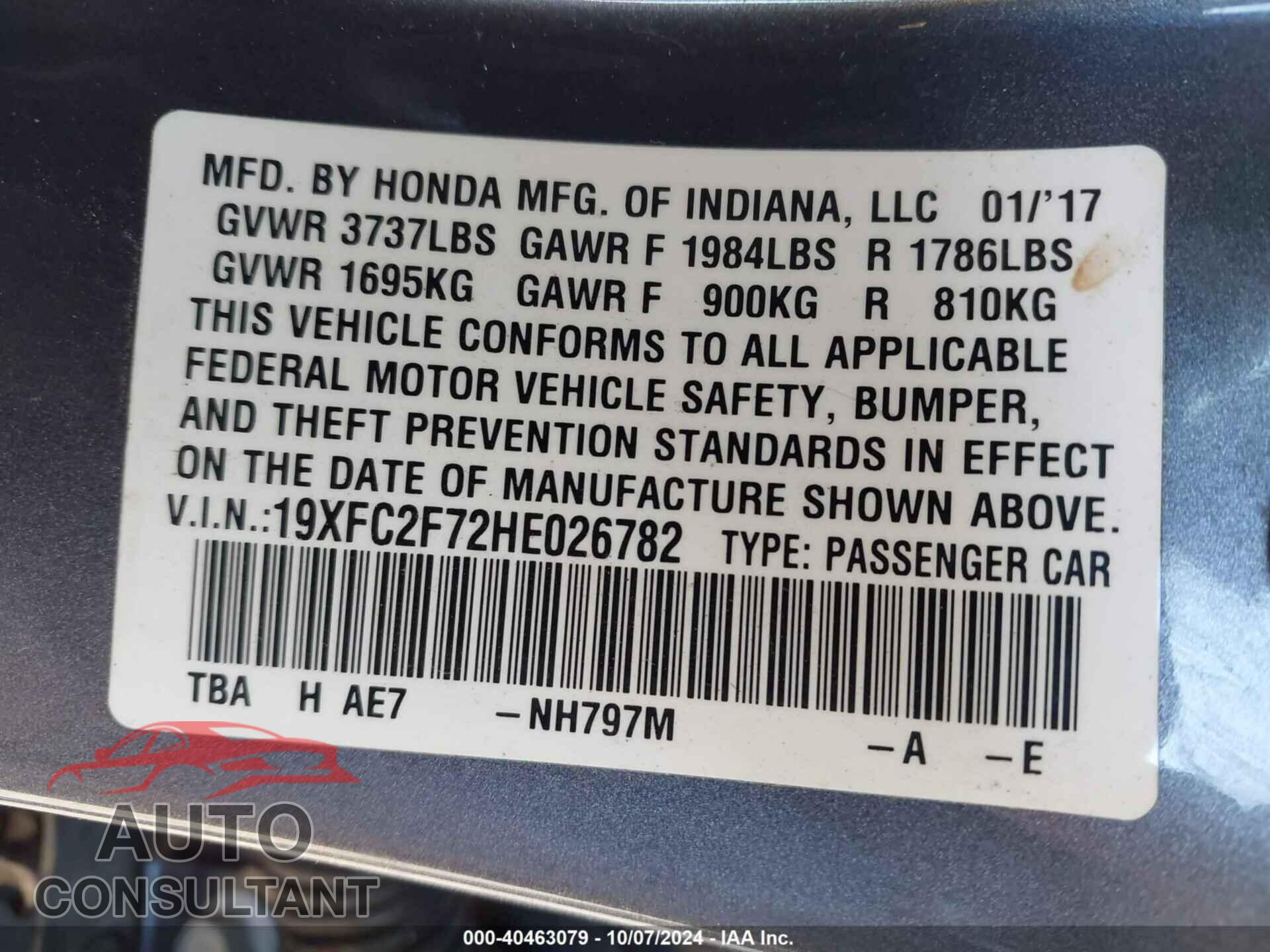 HONDA CIVIC 2017 - 19XFC2F72HE026782