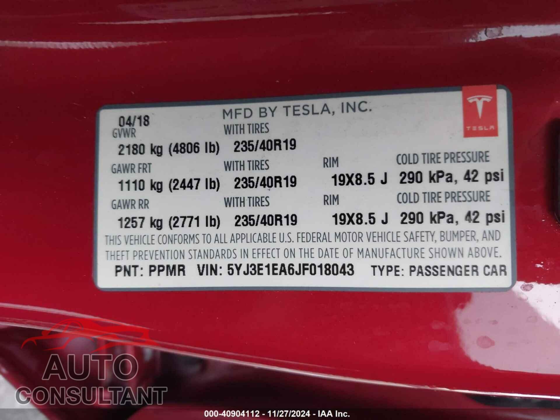 TESLA MODEL 3 2018 - 5YJ3E1EA6JF018043