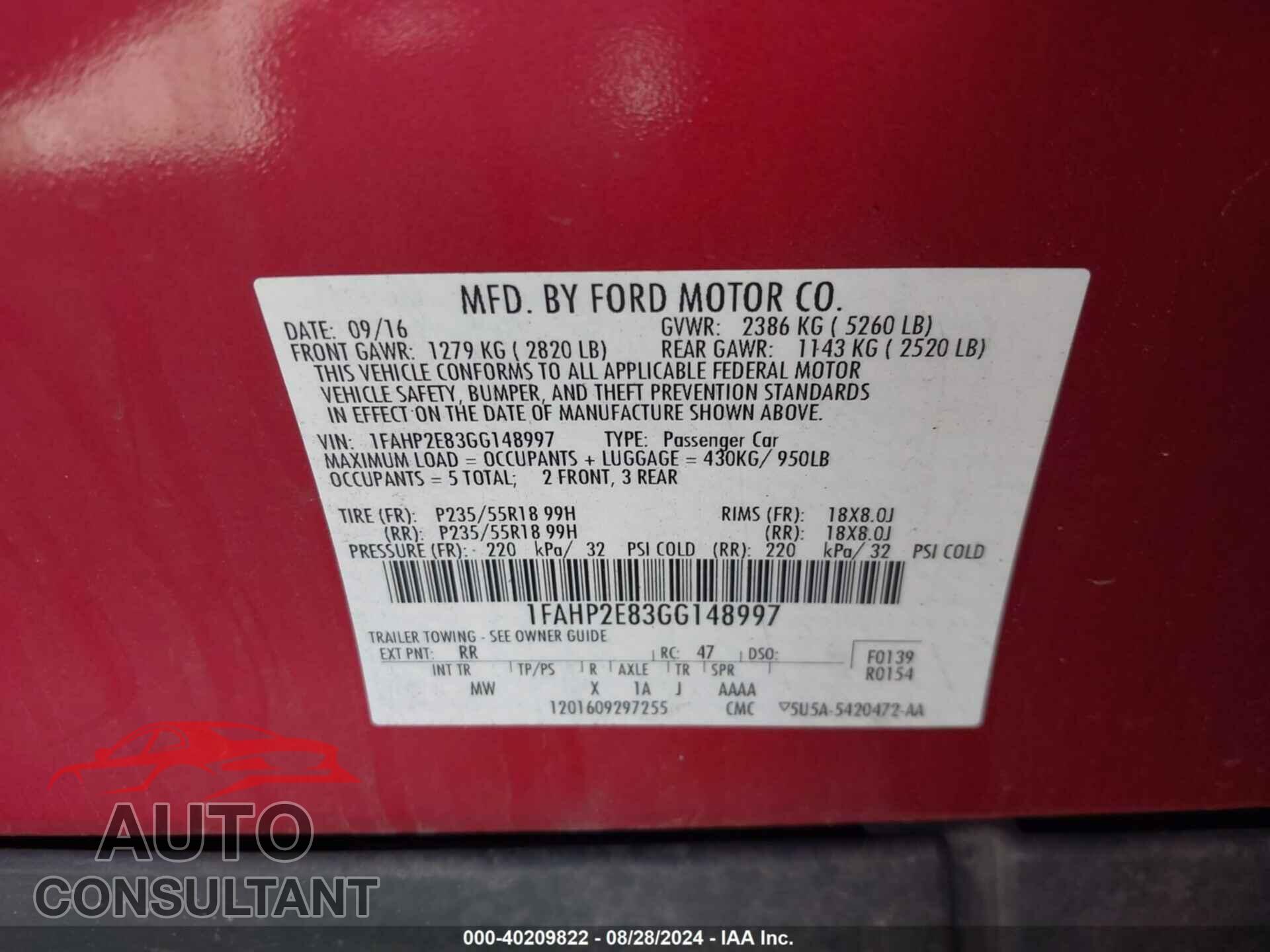 FORD TAURUS 2016 - 1FAHP2E83GG148997
