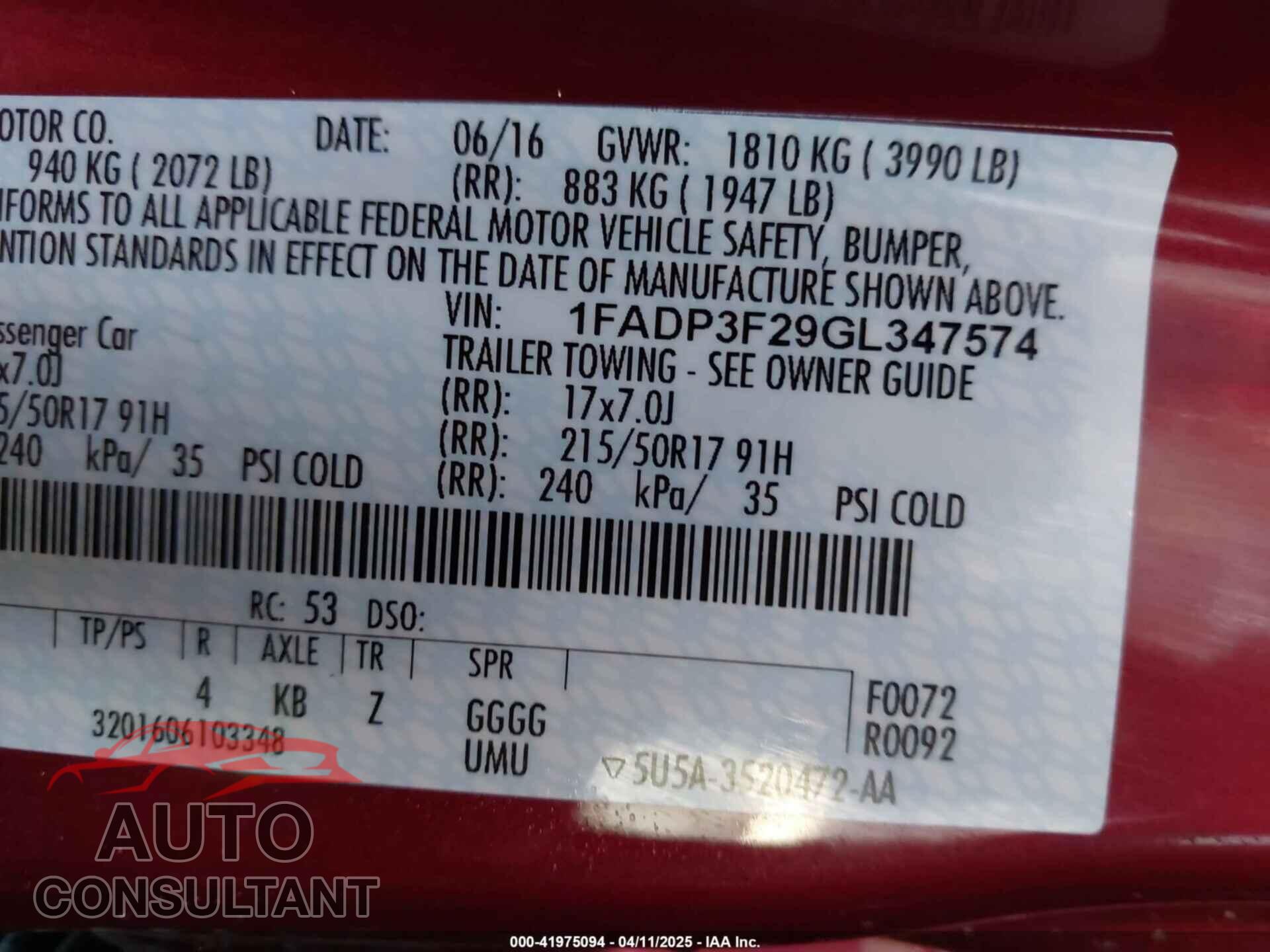 FORD FOCUS 2016 - 1FADP3F29GL347574