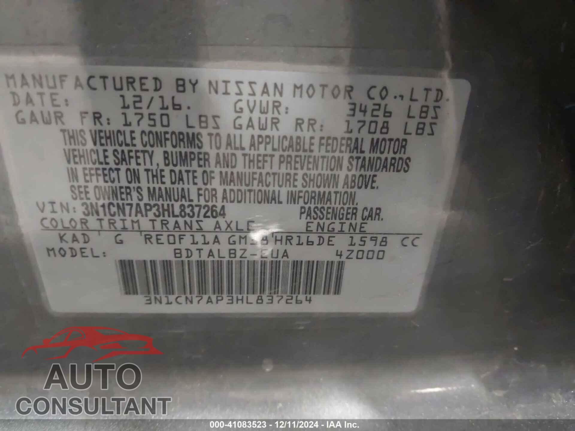 NISSAN VERSA 2017 - 3N1CN7AP3HL837264