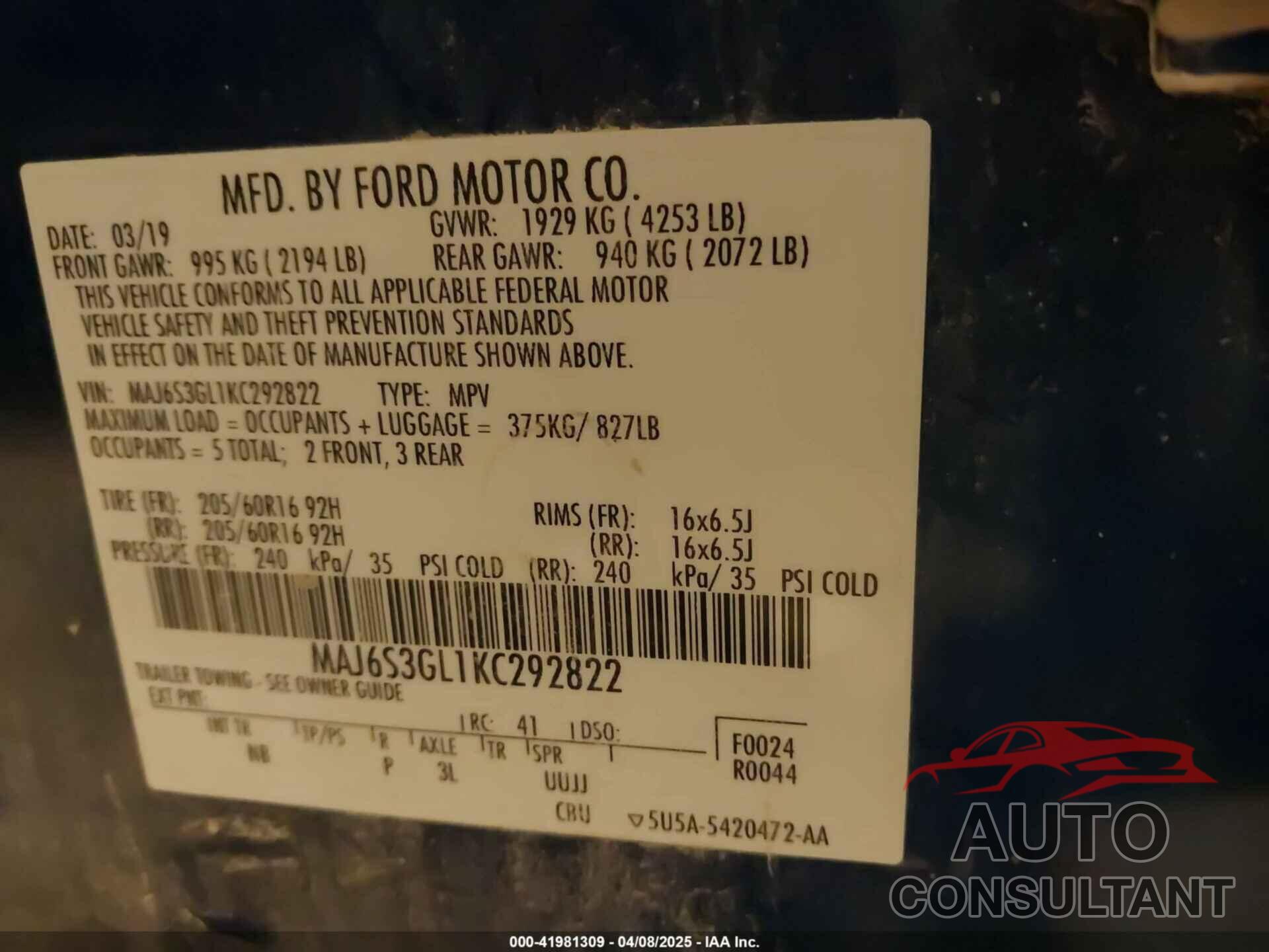 FORD ECOSPORT 2019 - MAJ6S3GL1KC292822