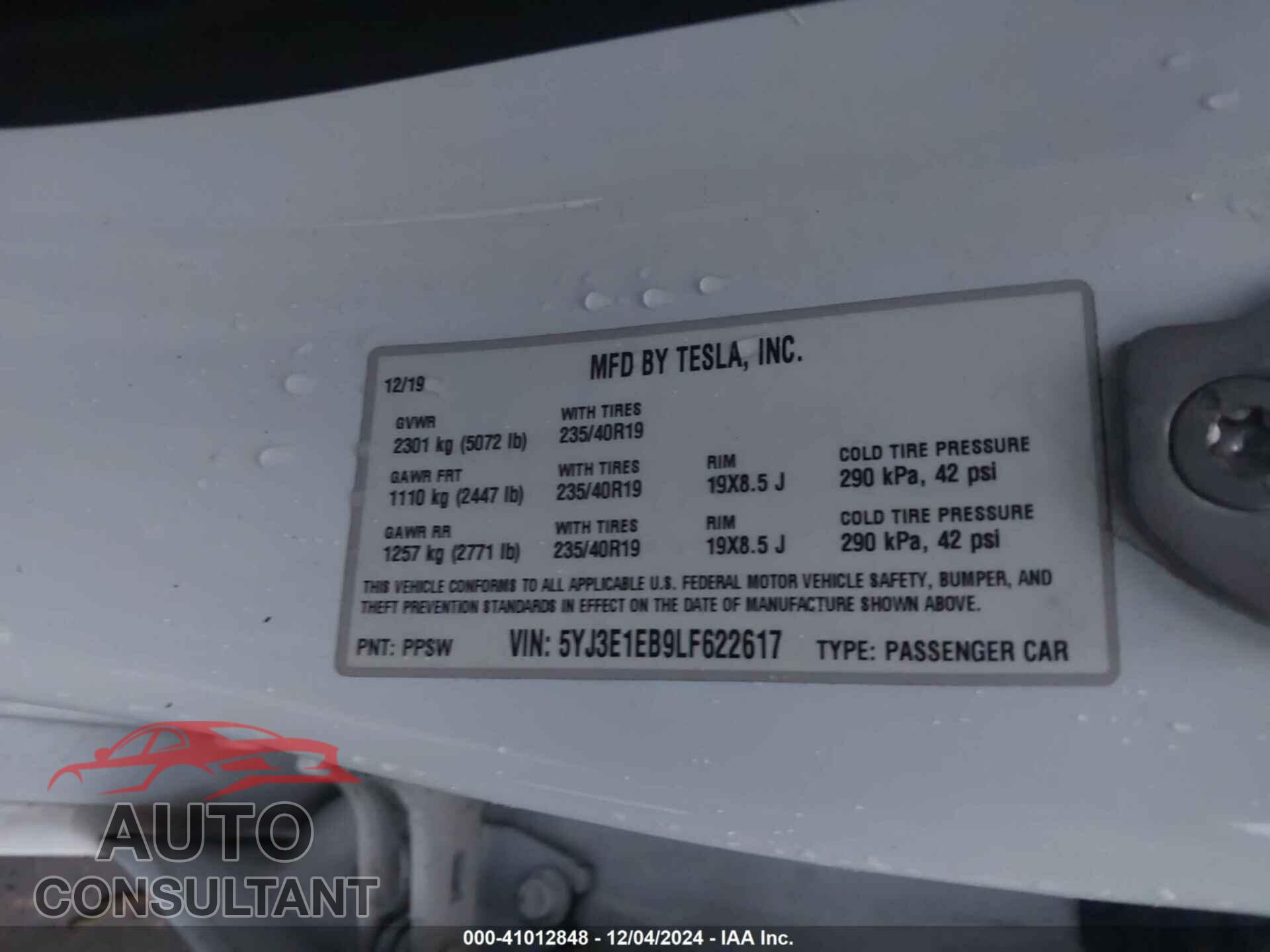 TESLA MODEL 3 2020 - 5YJ3E1EB9LF622617