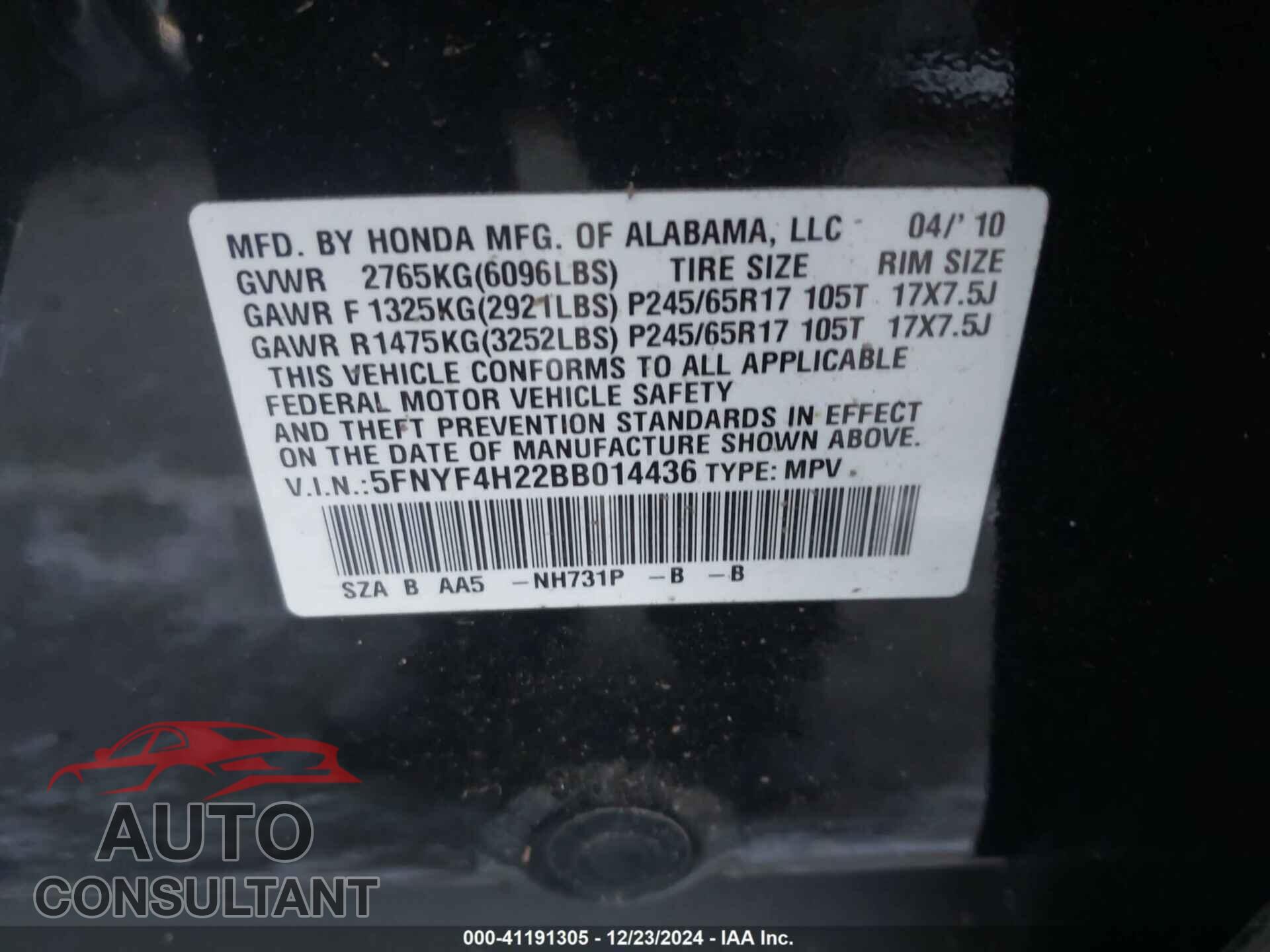 HONDA PILOT 2011 - 5FNYF4H22BB014436