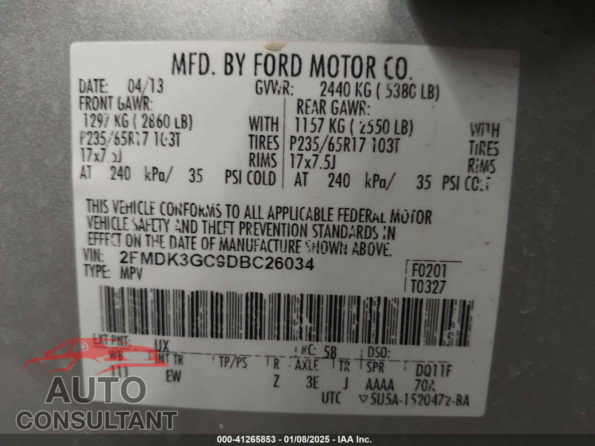 FORD EDGE 2013 - 2FMDK3GC9DBC26034