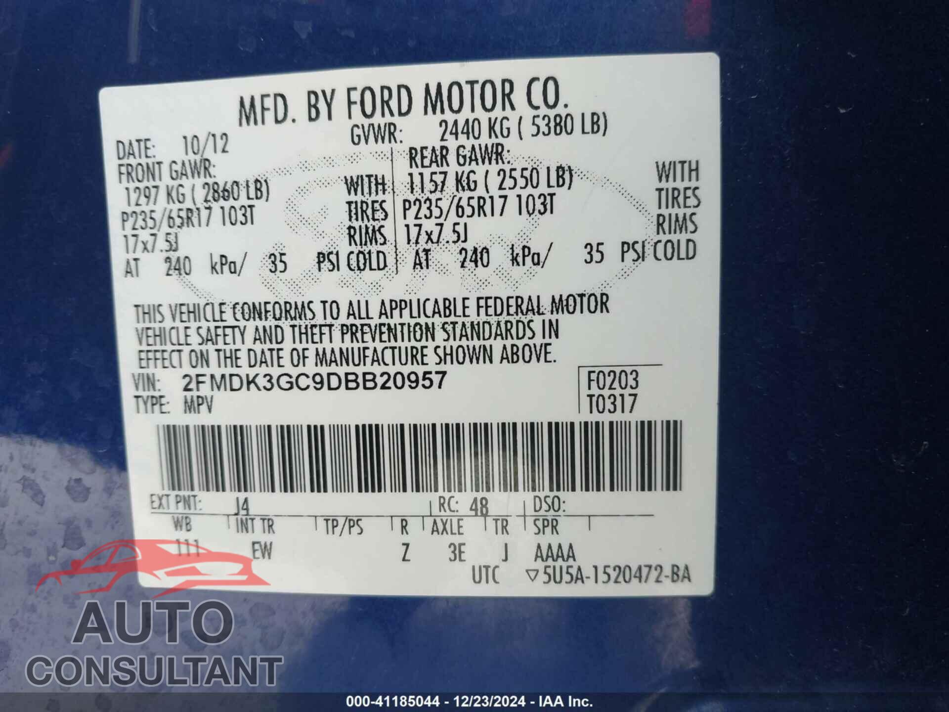 FORD EDGE 2013 - 2FMDK3GC9DBB20957