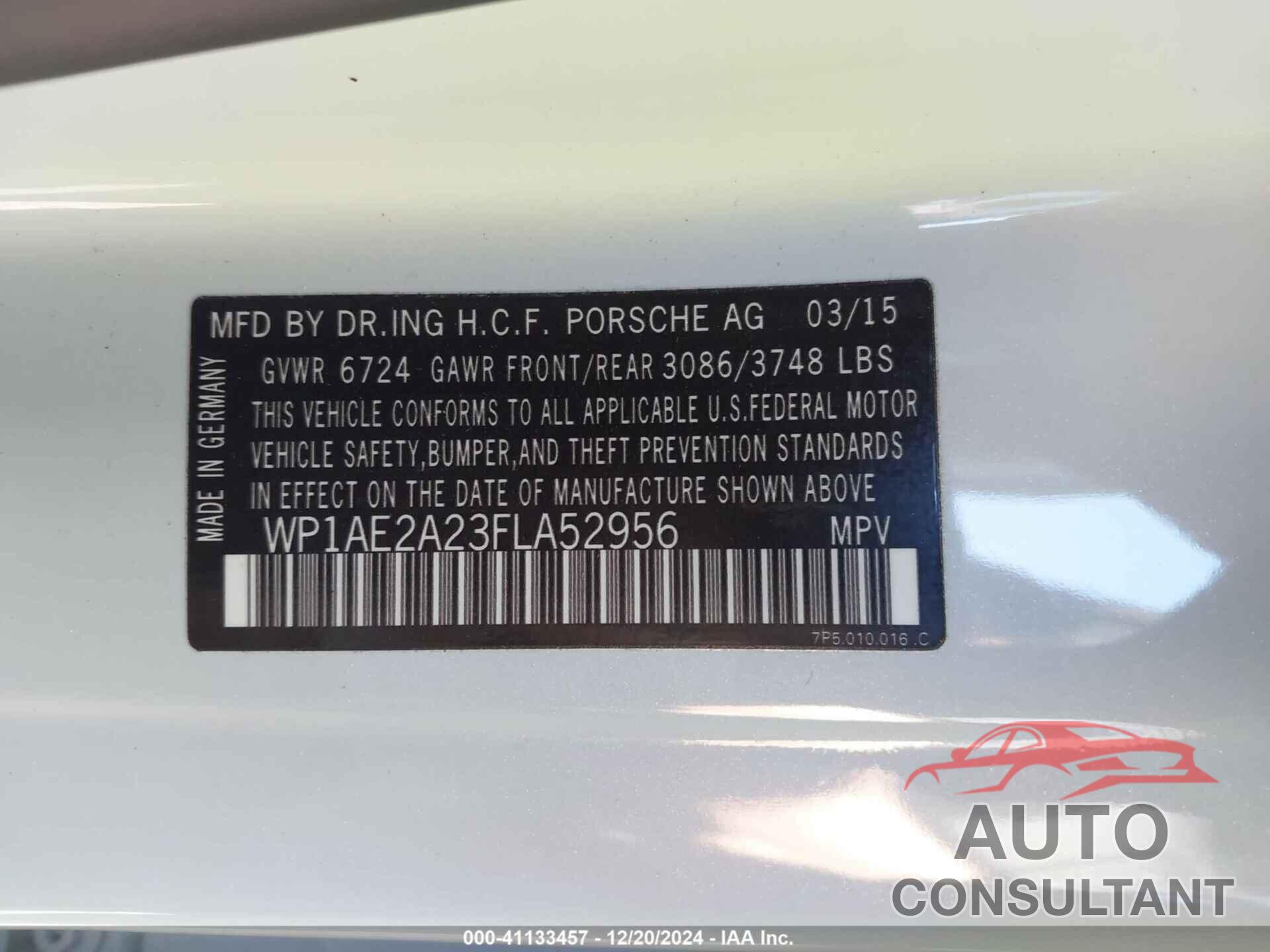 PORSCHE CAYENNE E-HYBRID 2015 - WP1AE2A23FLA52956