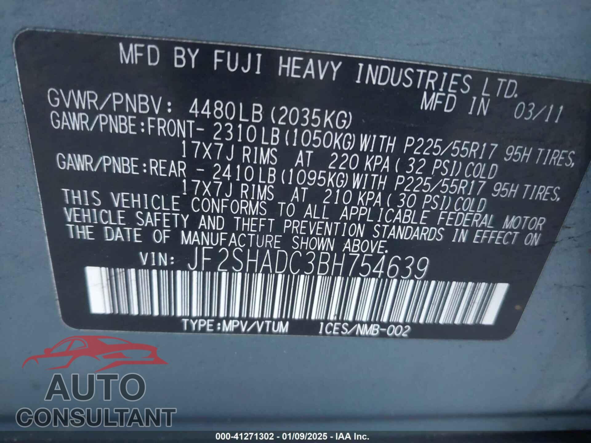 SUBARU FORESTER 2011 - JF2SHADC3BH754639