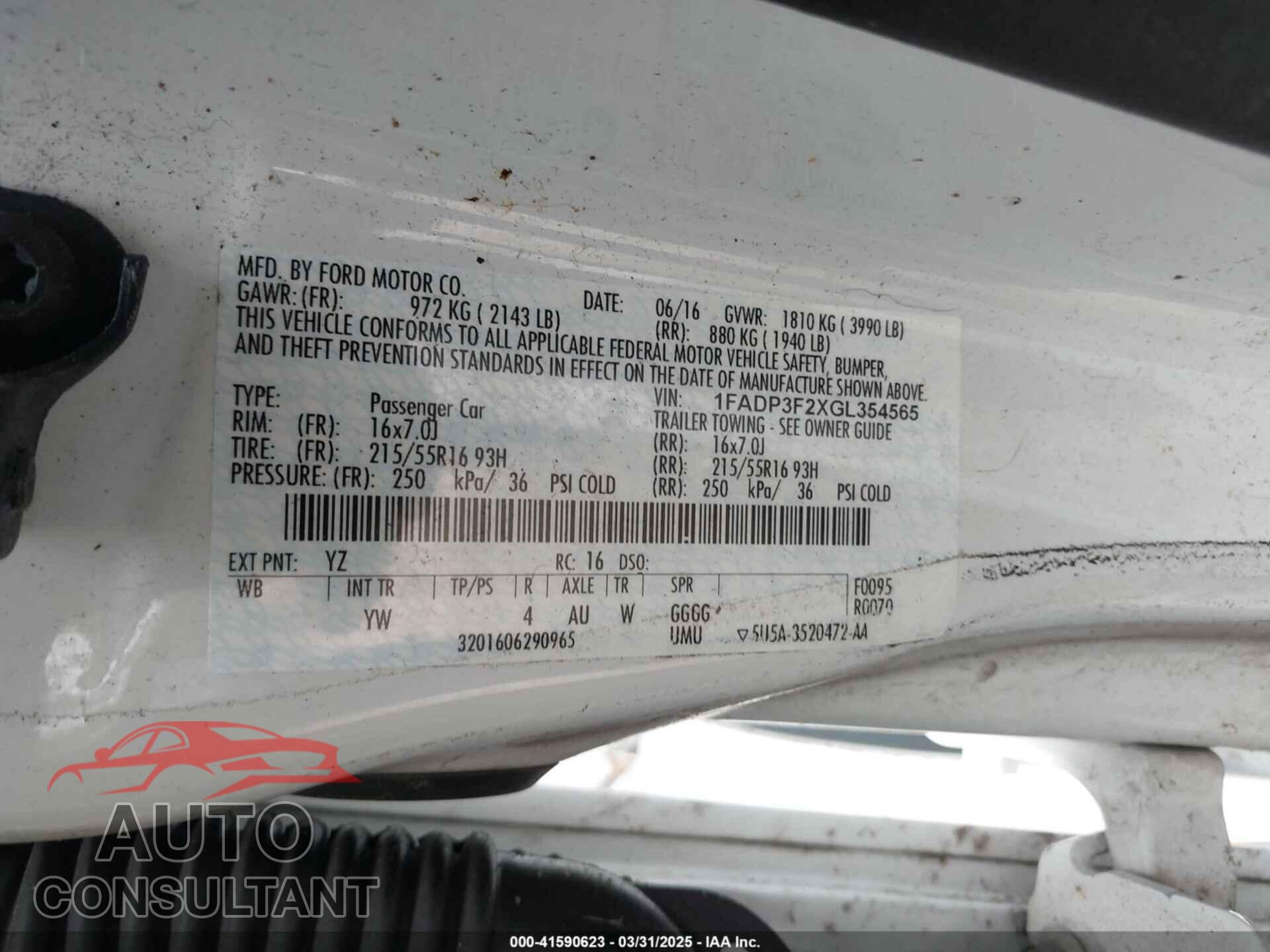 FORD FOCUS 2016 - 1FADP3F2XGL354565