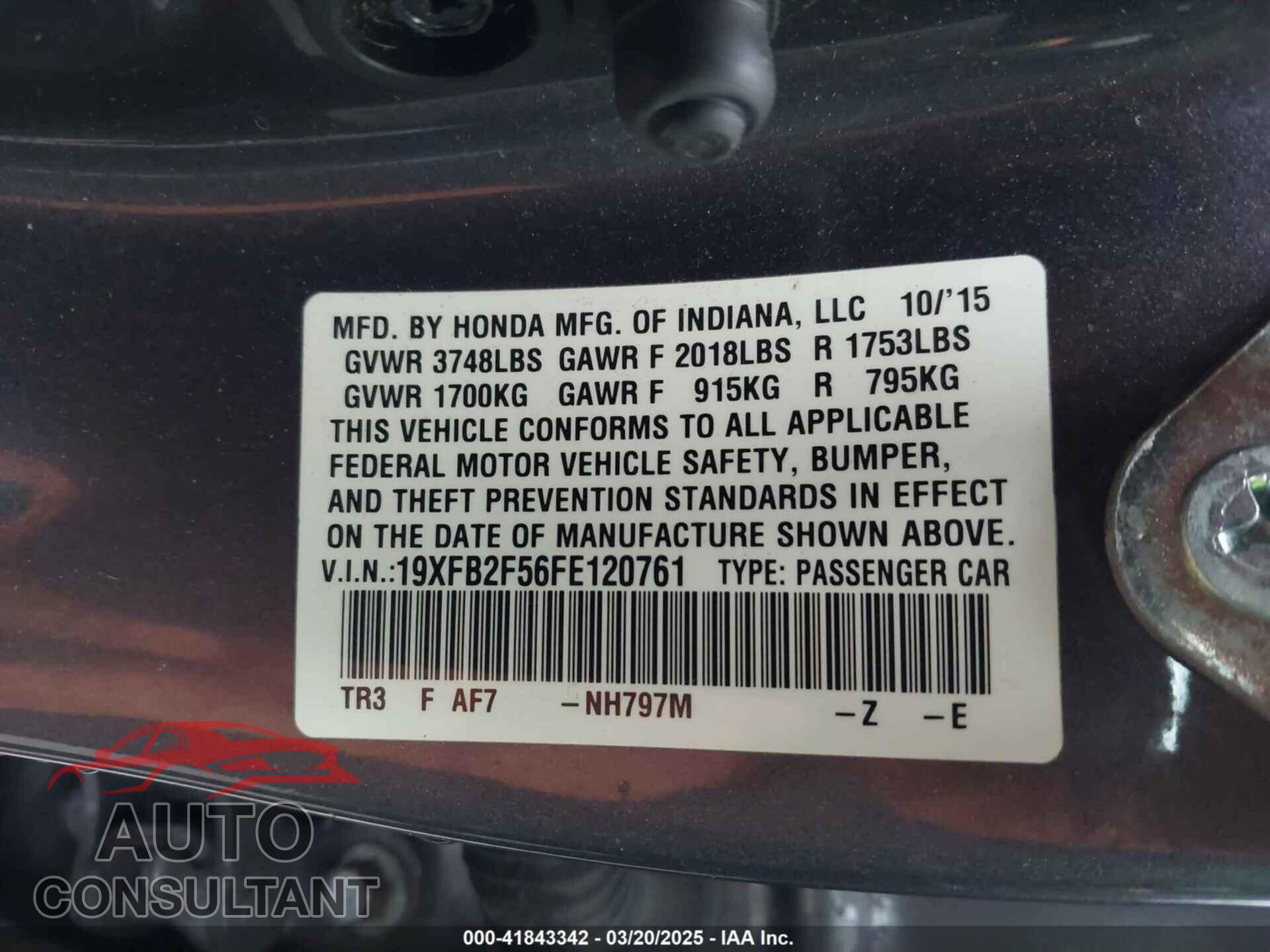 HONDA CIVIC 2015 - 19XFB2F56FE120761