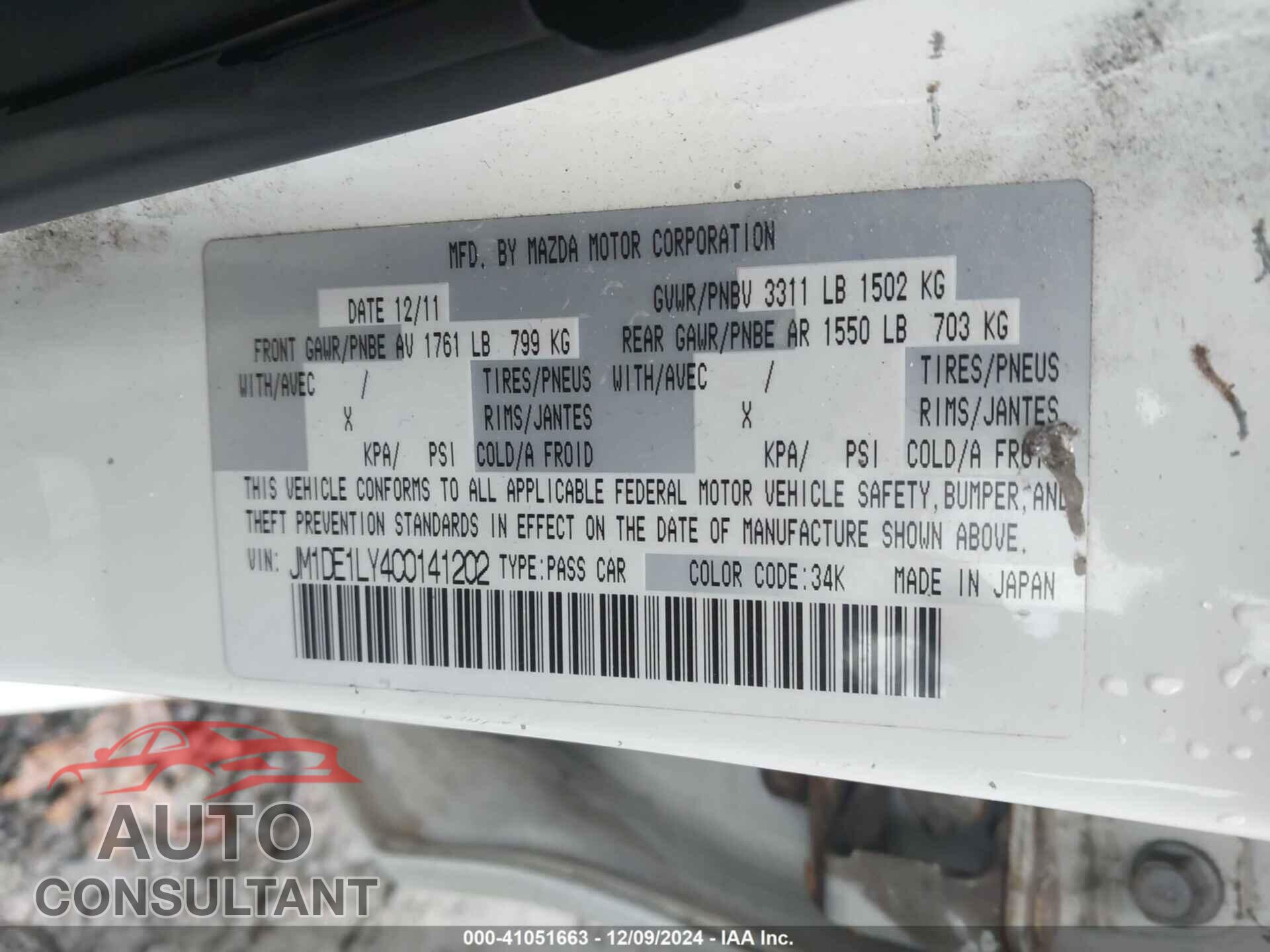 MAZDA MAZDA2 2012 - JM1DE1LY4C0141202