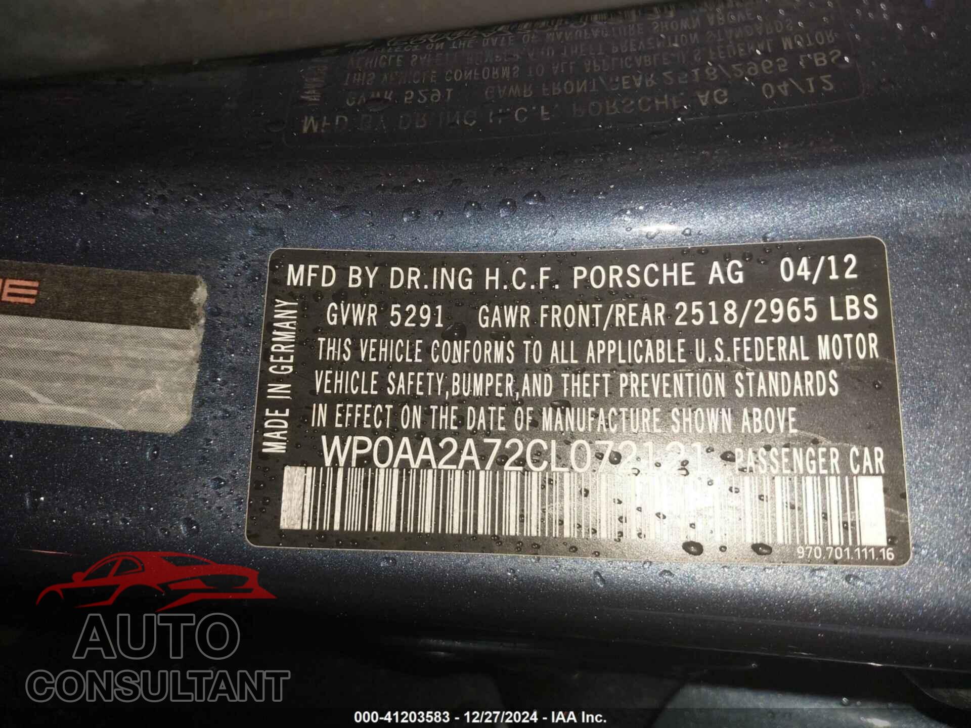 PORSCHE PANAMERA 2012 - WP0AA2A72CL072121