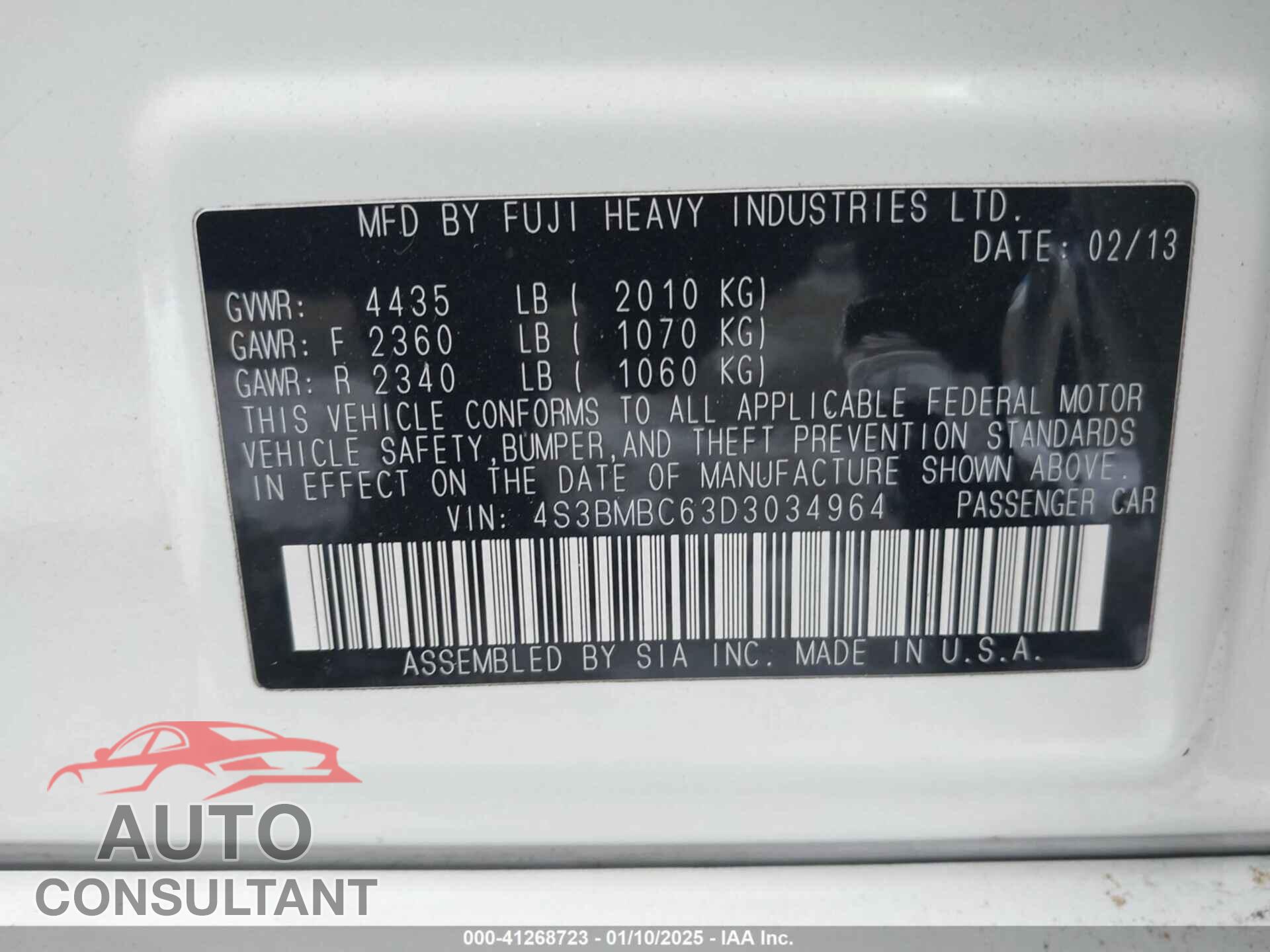 SUBARU LEGACY 2013 - 4S3BMBC63D3034964