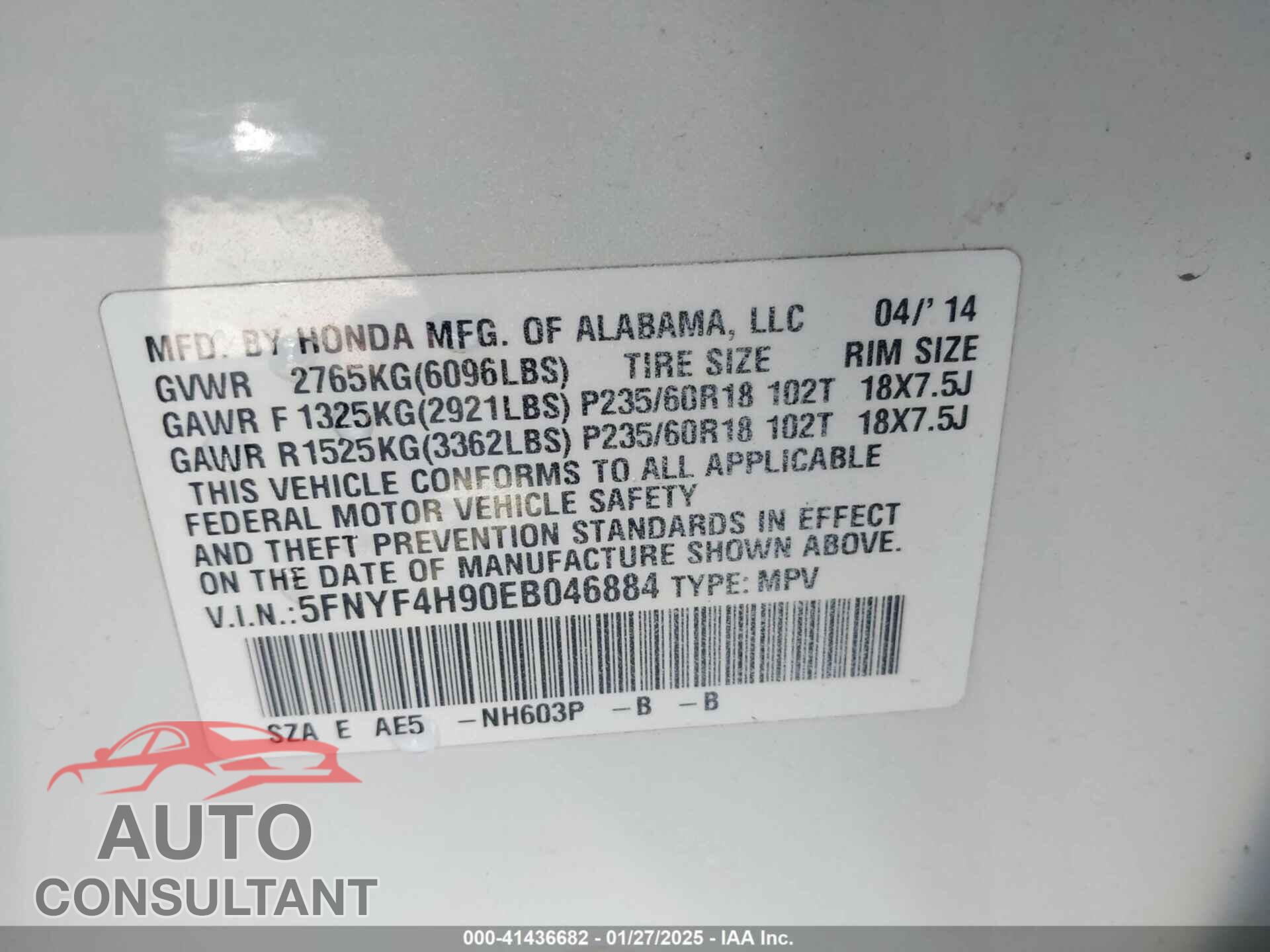 HONDA PILOT 2014 - 5FNYF4H90EB046884