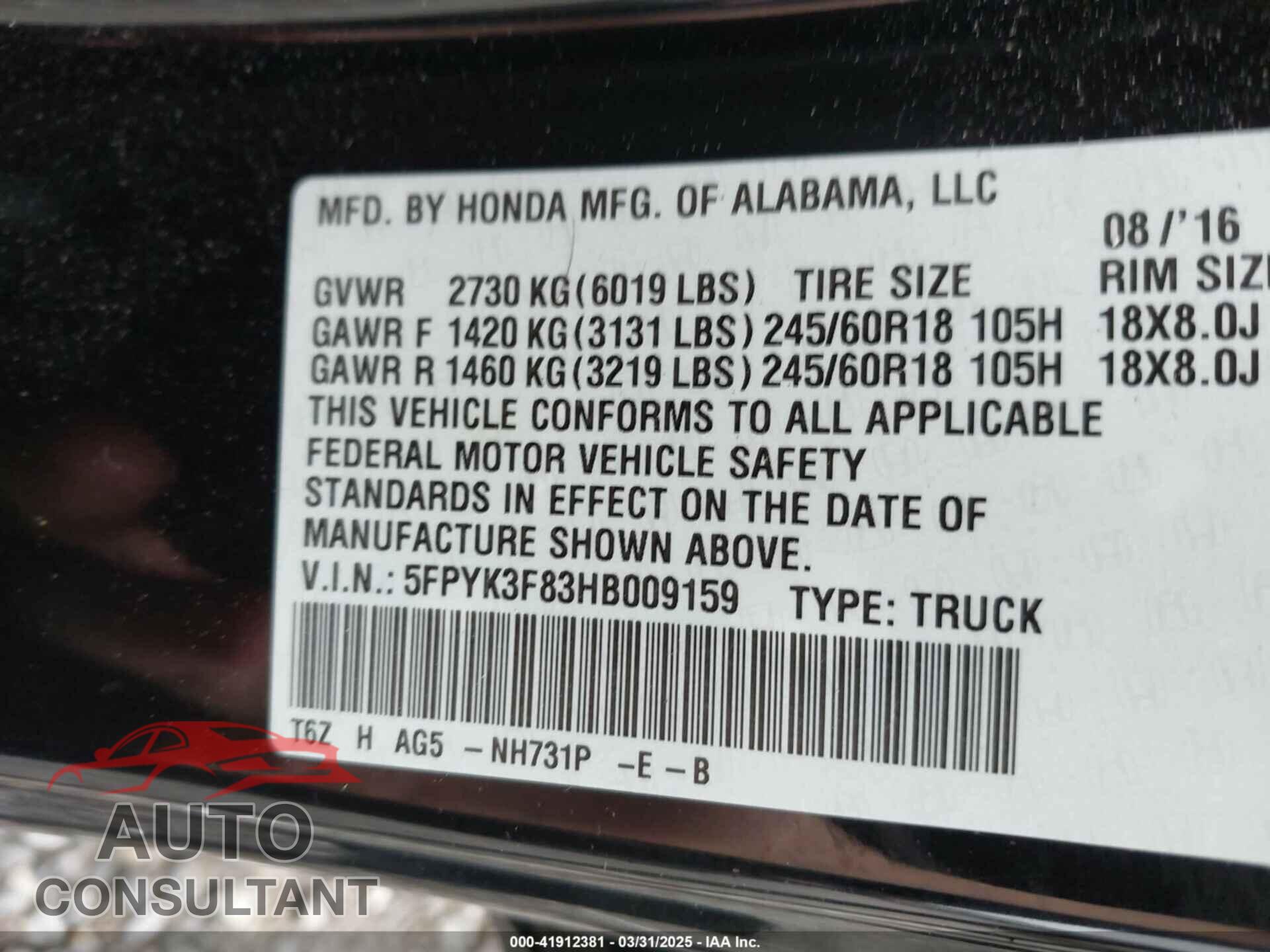 HONDA RIDGELINE 2017 - 5FPYK3F83HB009159