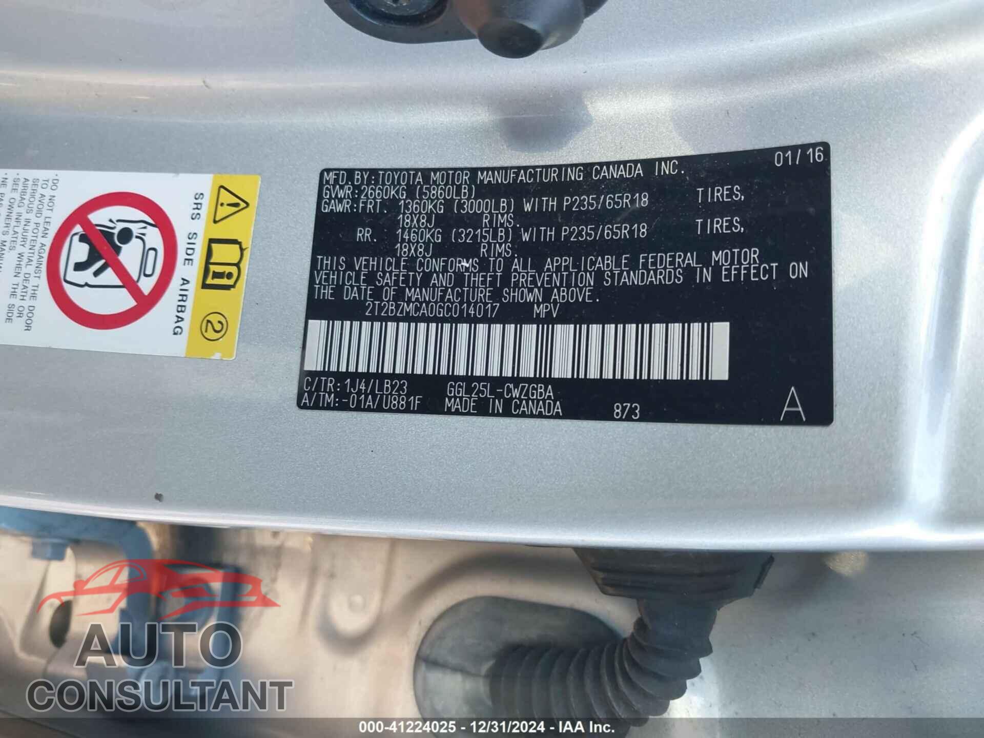 LEXUS RX 350 2016 - 2T2BZMCA0GC014017