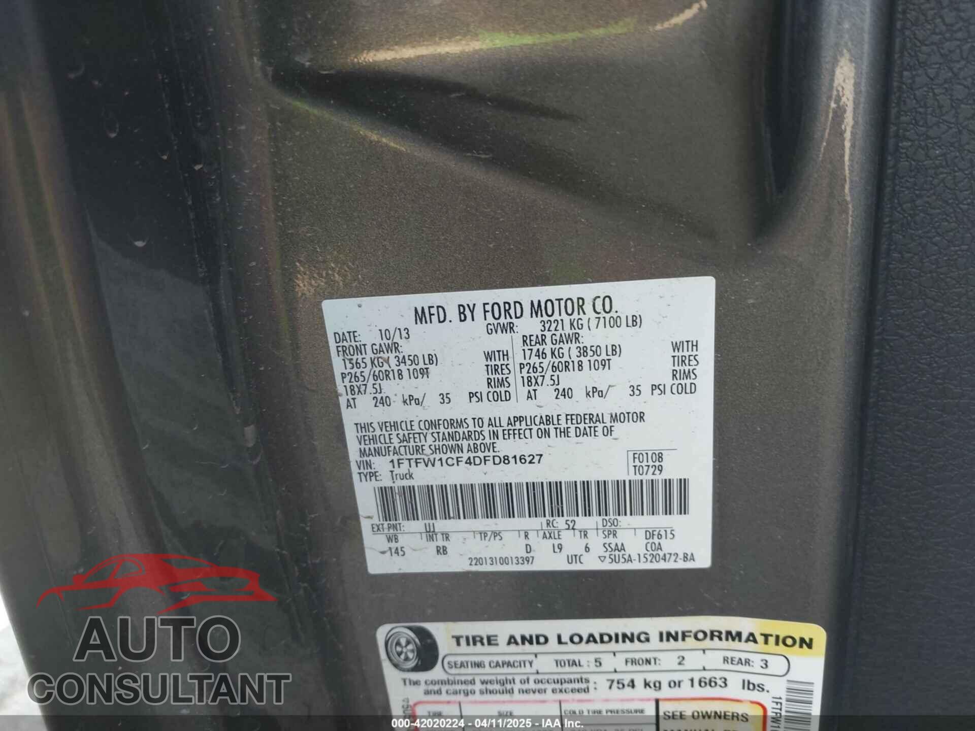 FORD F-150 2013 - 1FTFW1CF4DFD81627