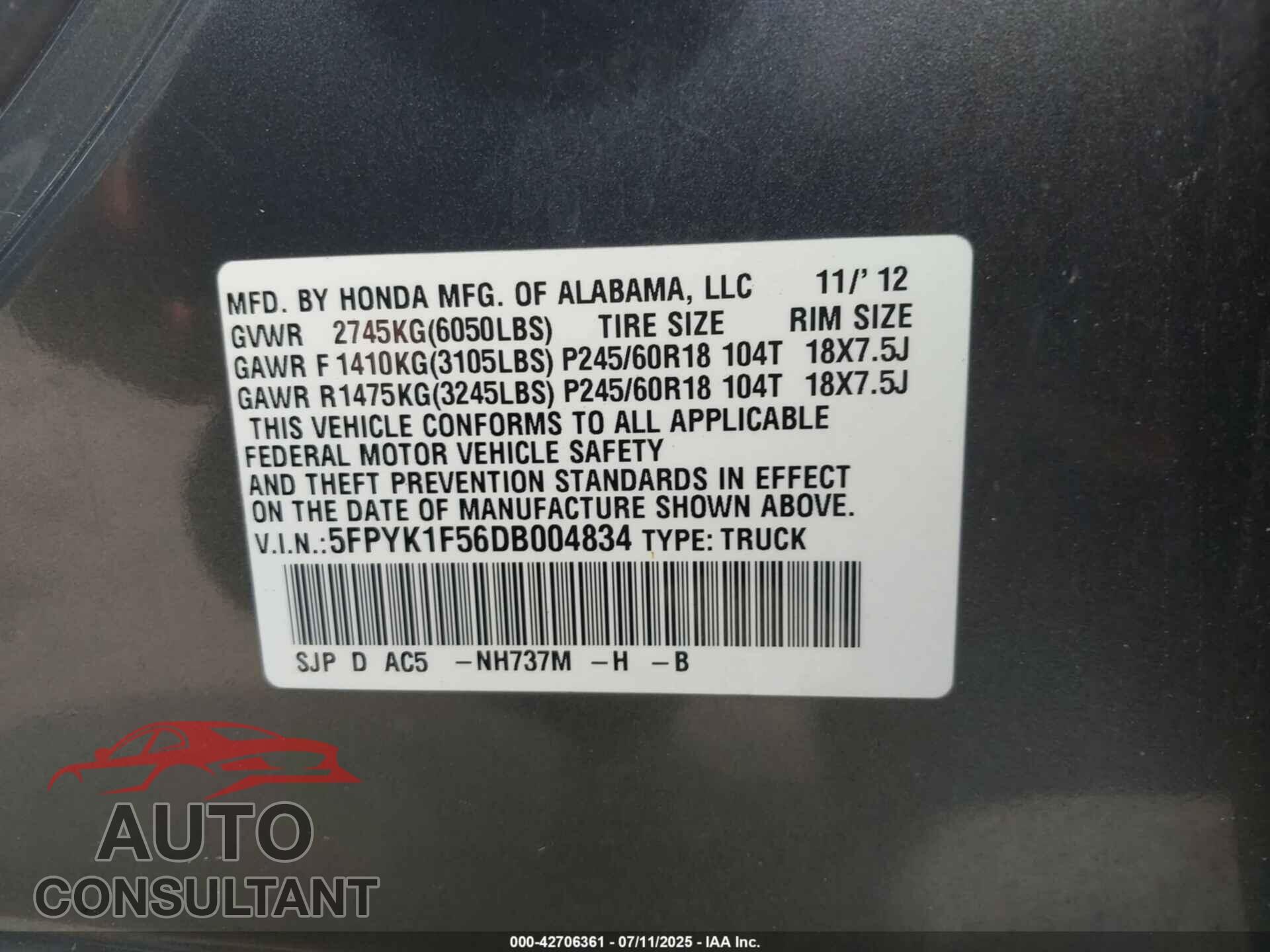 HONDA RIDGELINE 2013 - 5FPYK1F56DB004834