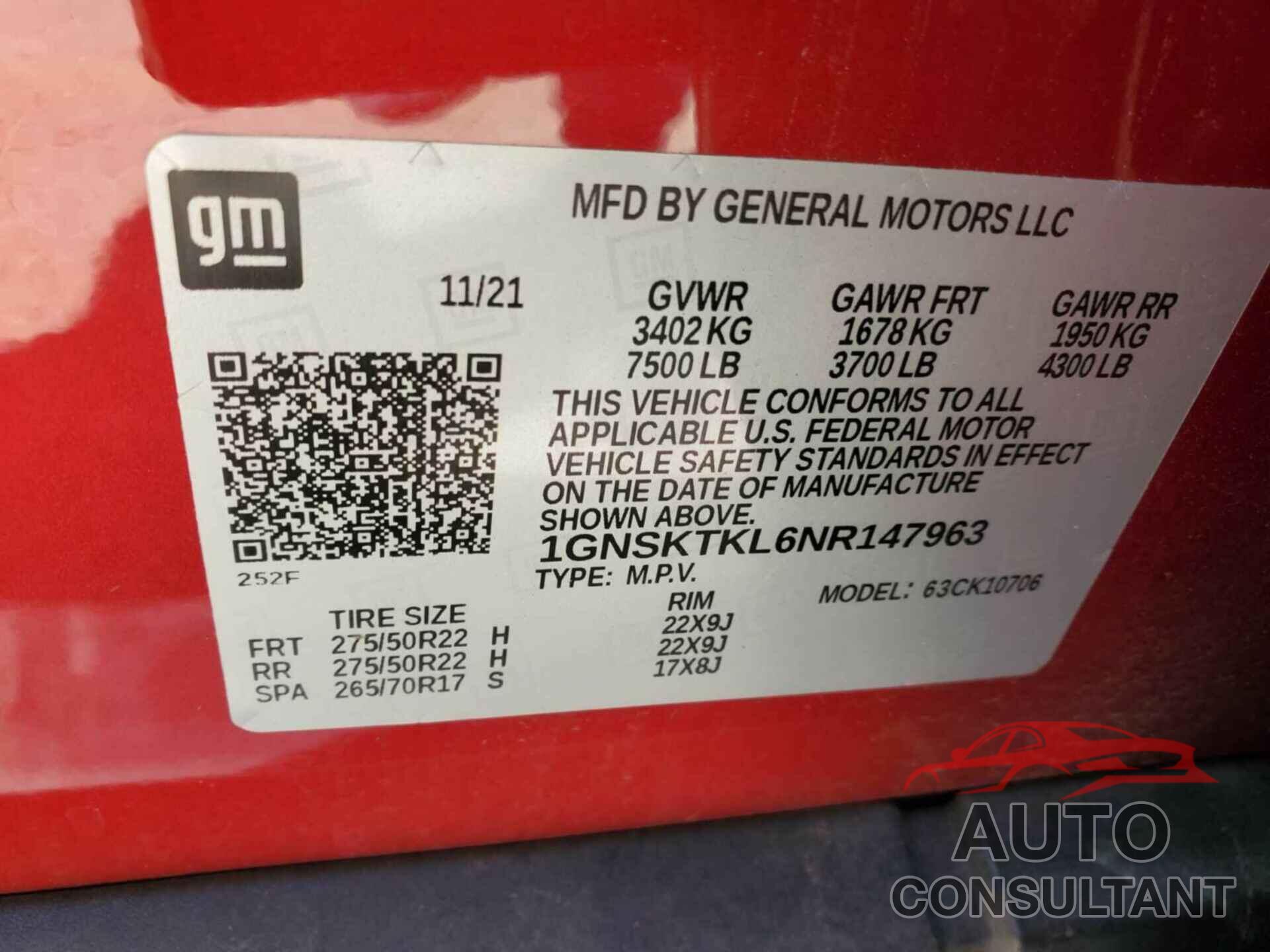 CHEVROLET TAHOE 2022 - 1GNSKTKL6NR147963