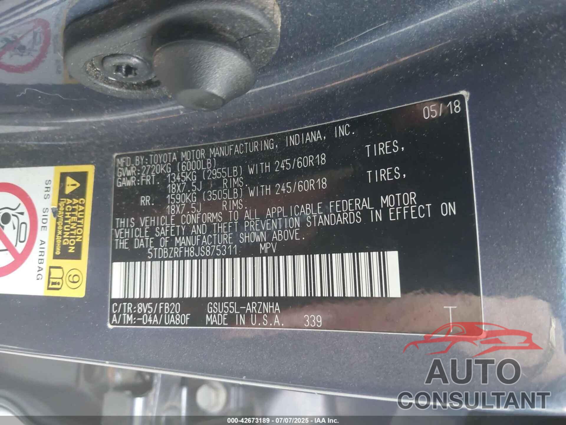 TOYOTA HIGHLANDER 2018 - 5TDBZRFH8JS875311