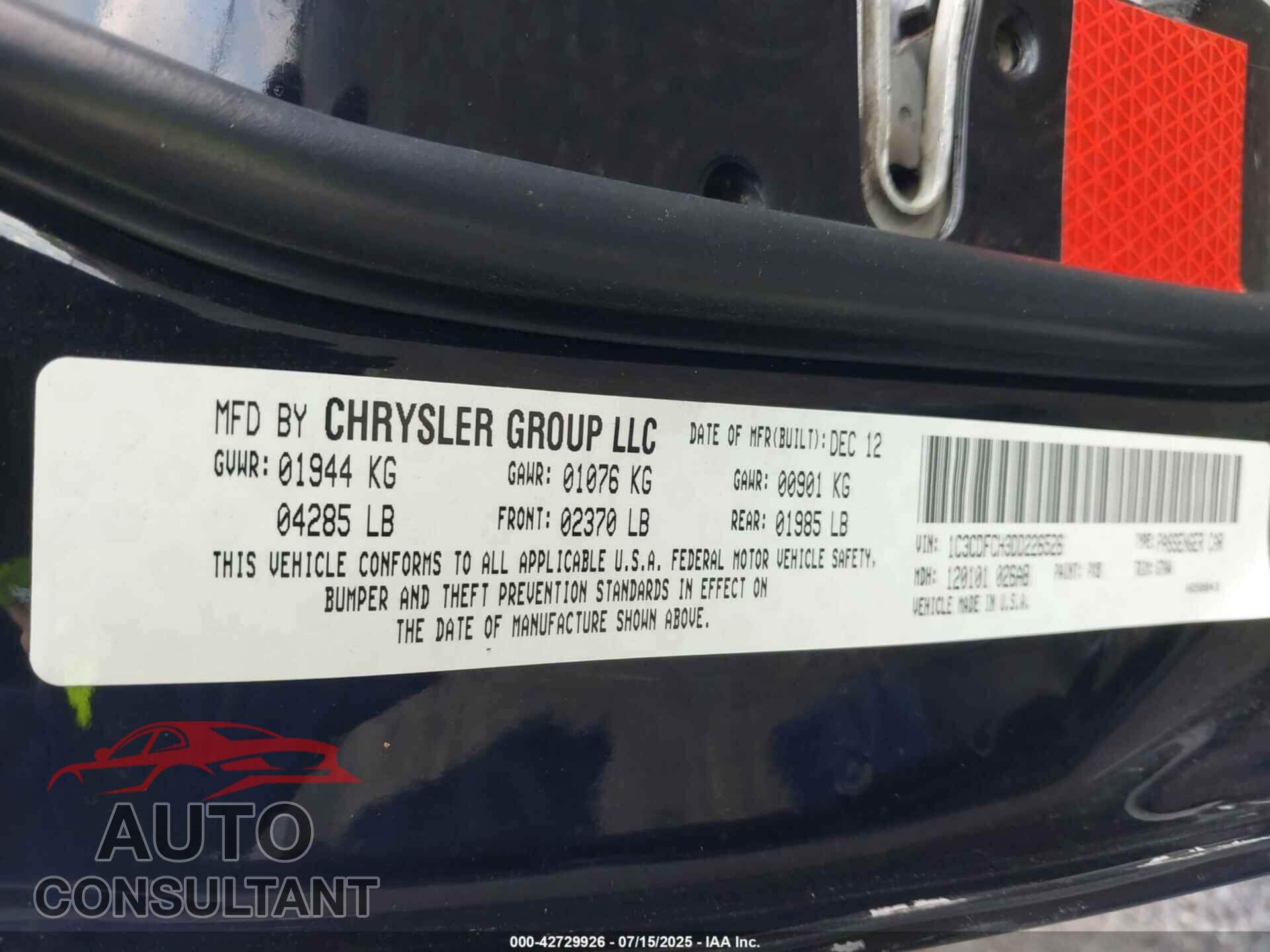 DODGE DART 2013 - 1C3CDFBA7DD136784