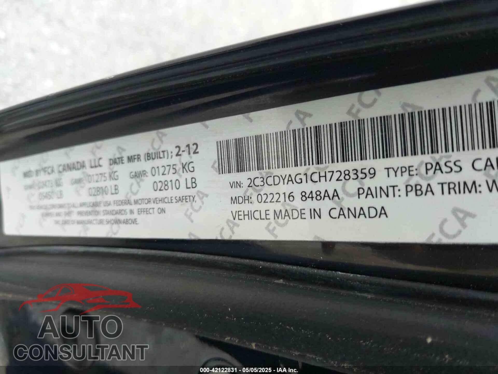 DODGE CHALLENGER 2012 - 2C3CDYAG1CH728359