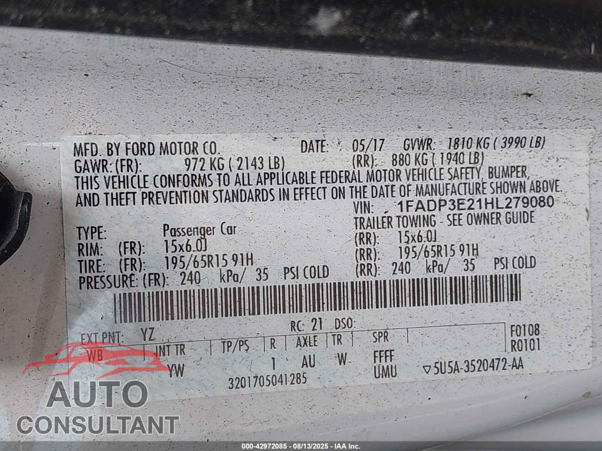 FORD FOCUS 2017 - 1FADP3E21HL279080