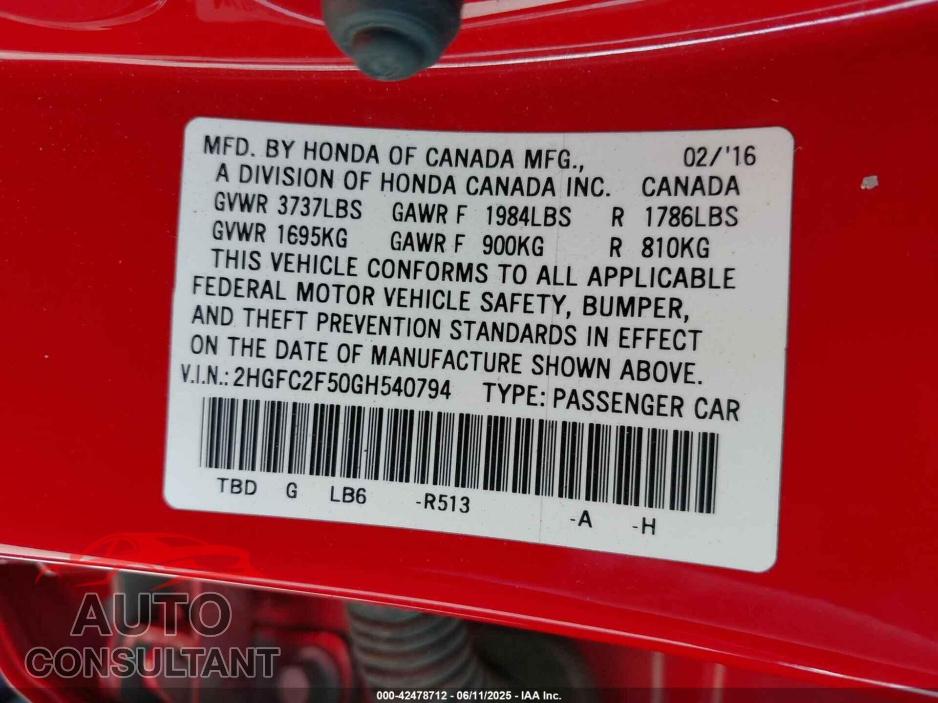 HONDA CIVIC 2016 - 2HGFC2F50GH540794