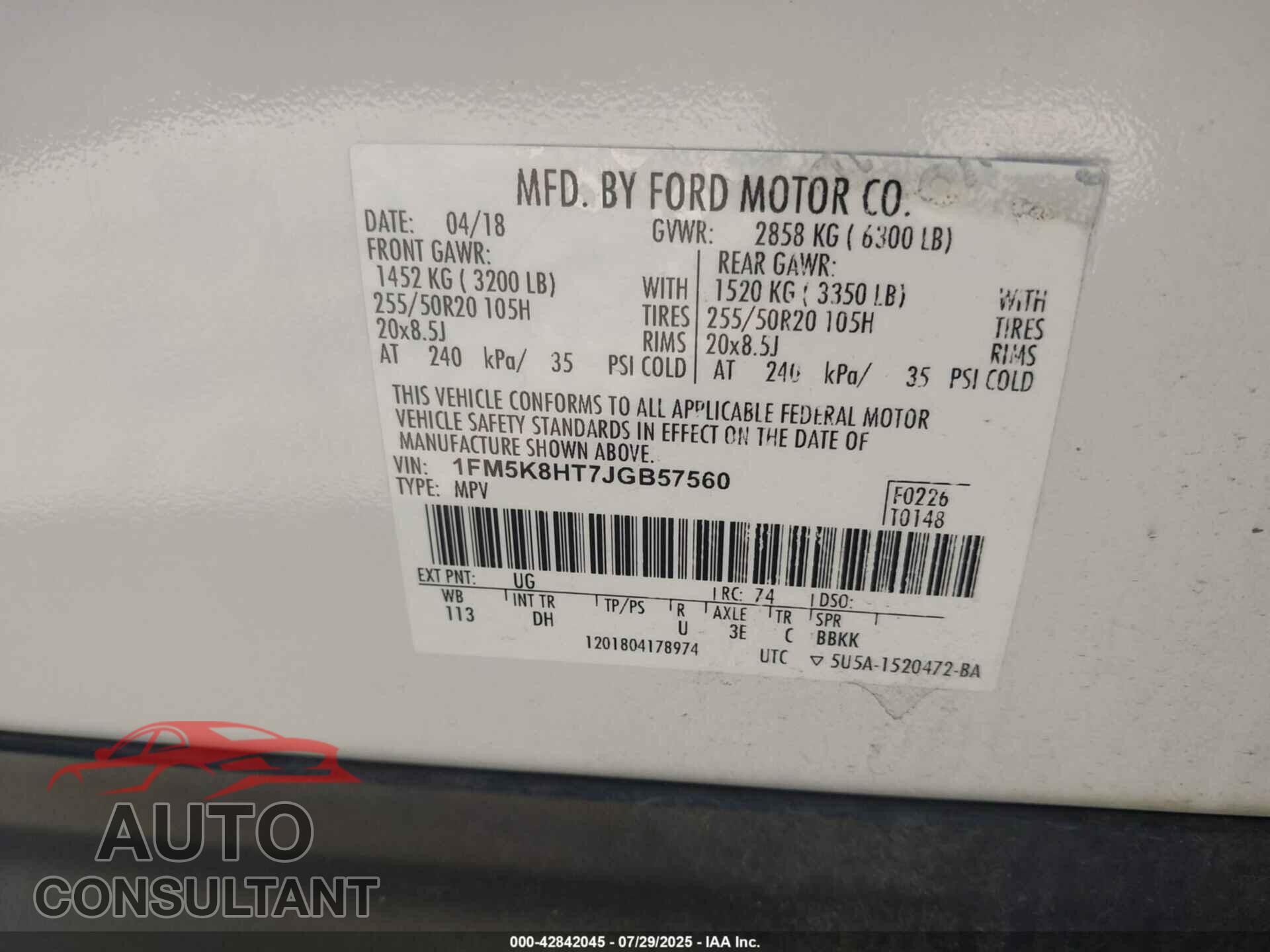 FORD EXPLORER 2018 - 1FM5K8HT7JGB57560