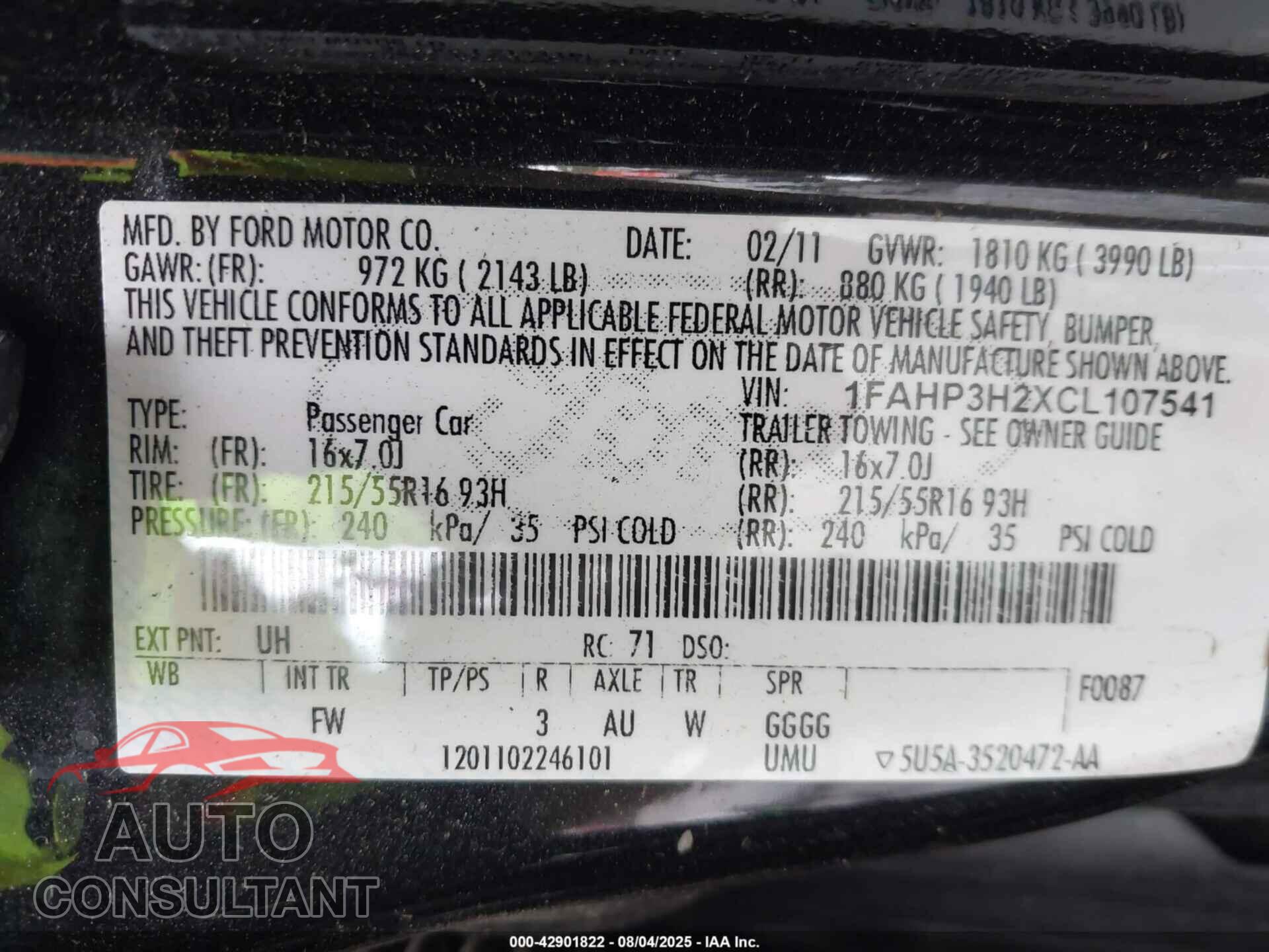 FORD FOCUS 2012 - 1FAHP3H2XCL107541