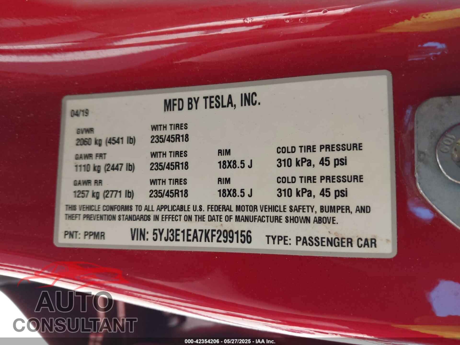 TESLA MODEL 3 2019 - 5YJ3E1EA7KF299156