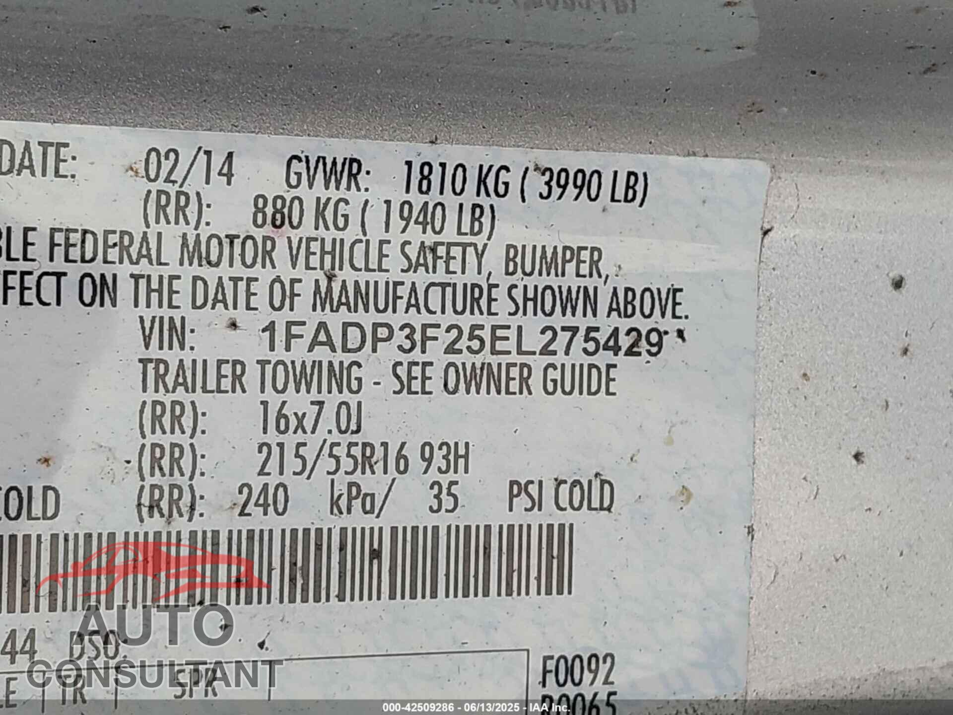 FORD FOCUS 2014 - 1FADP3F25EL275429