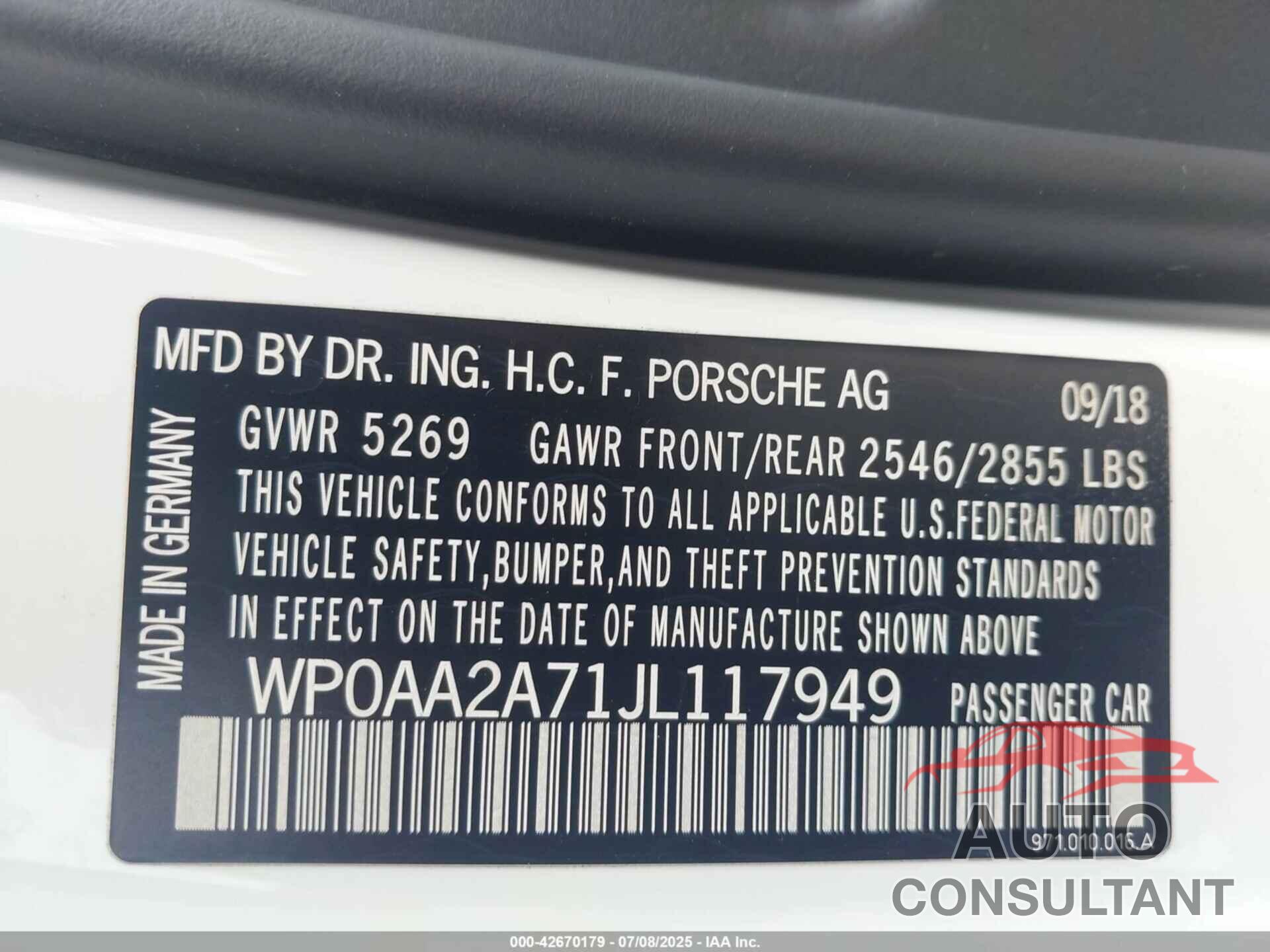 PORSCHE PANAMERA 2018 - WP0AA2A71JL117949